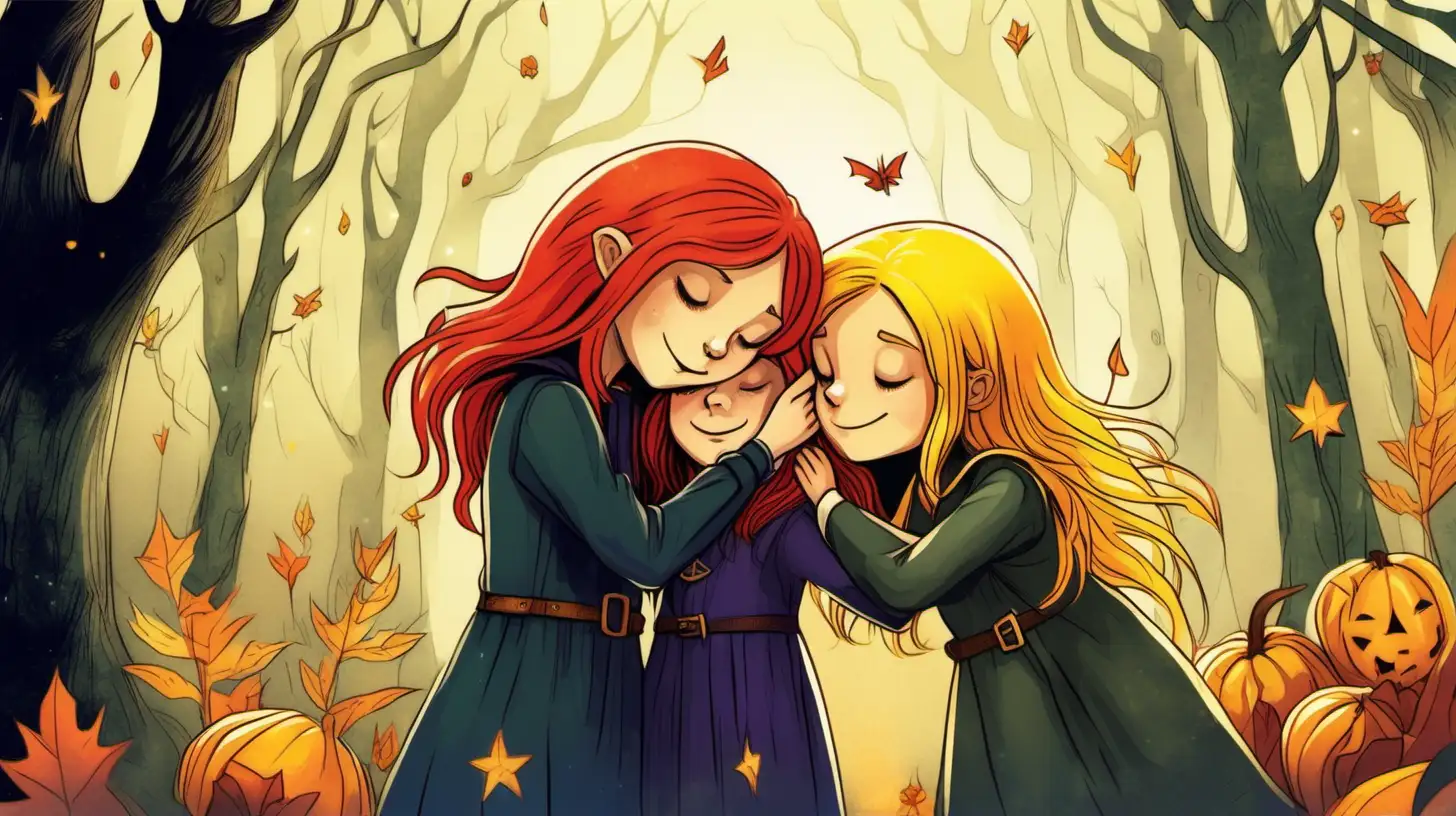 Young RedHaired Witch Embracing Yellow BobHaired Companion in Enchanted Forest