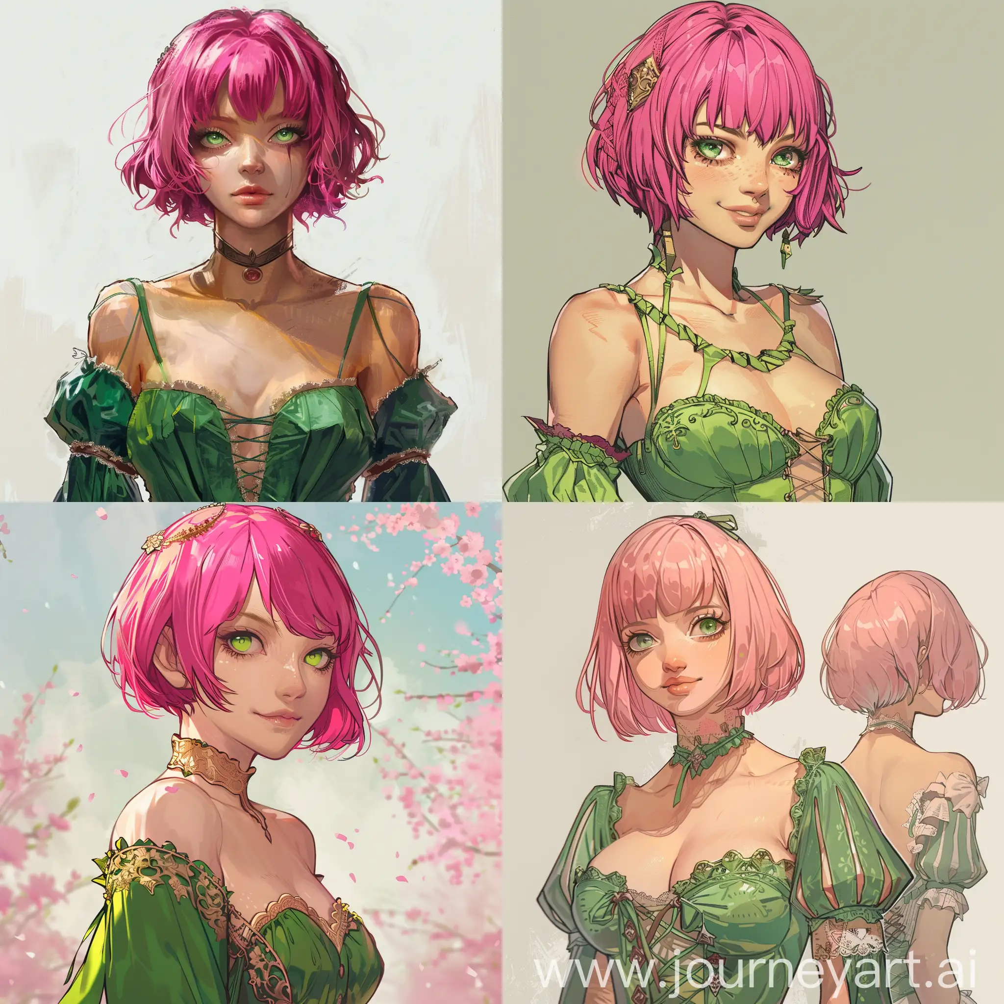 pink hair , short hair , bangs, green eyes , green dress, 1 girl , sakura , renaissance outfit