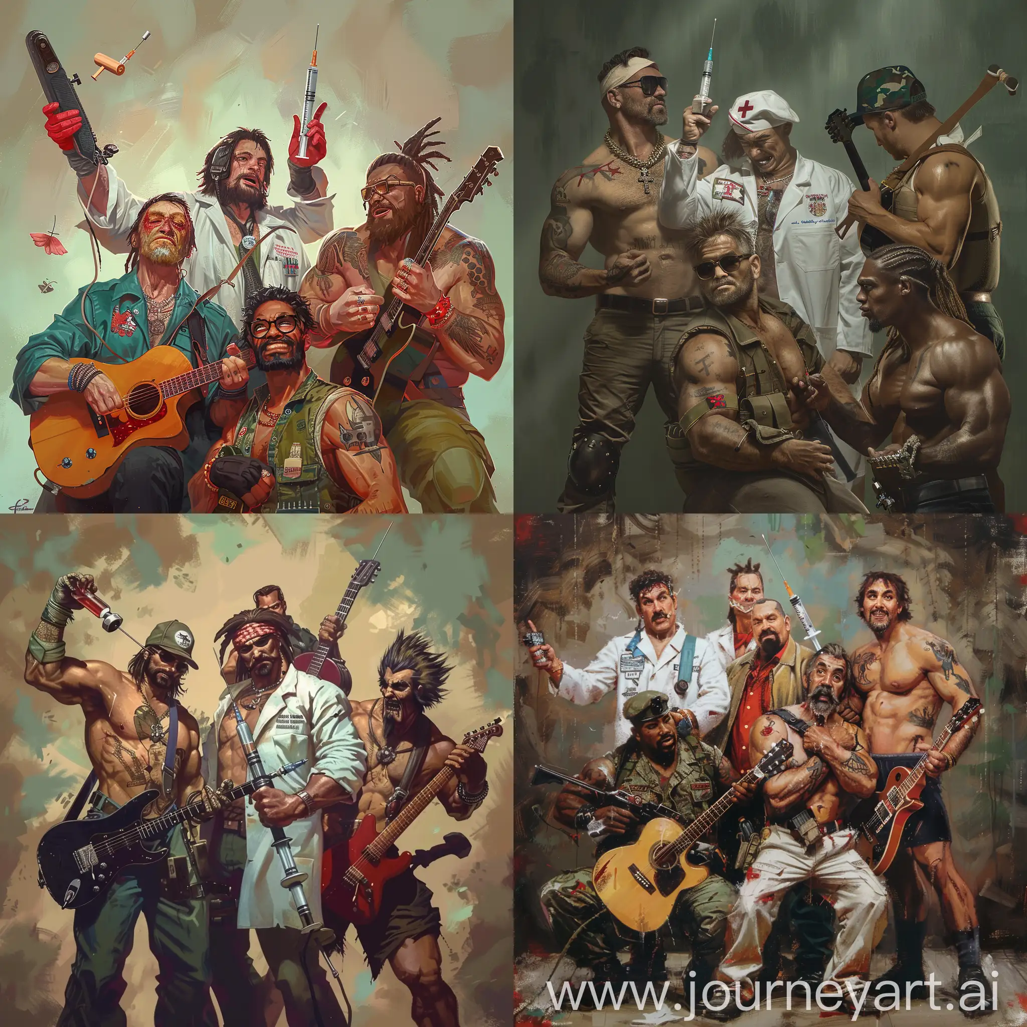 a group of friends made up of a rockstar male doctor, a hillbilly holding a syringe, a bodybuilder with a guitar and a short black man from the army