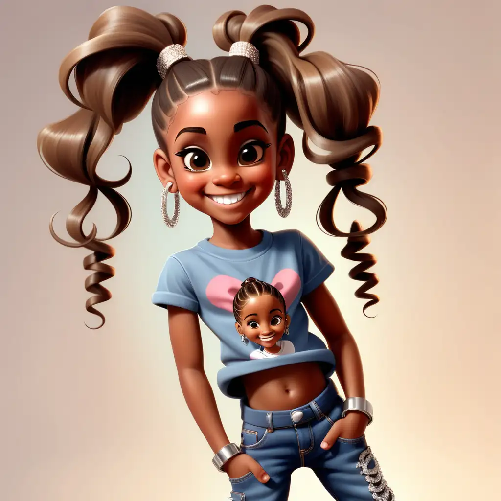 a african american kids with  on jeans, rhinestones sneakers, tshirt, earrings, necklace, standing up, with a long ponytail, smiling, big brown eyes, lashes