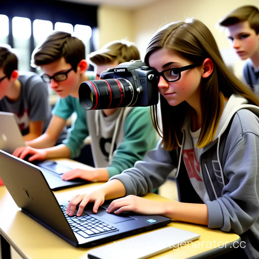Много студентов с камерами и ноутбуками, делают дизайн, записывают видео