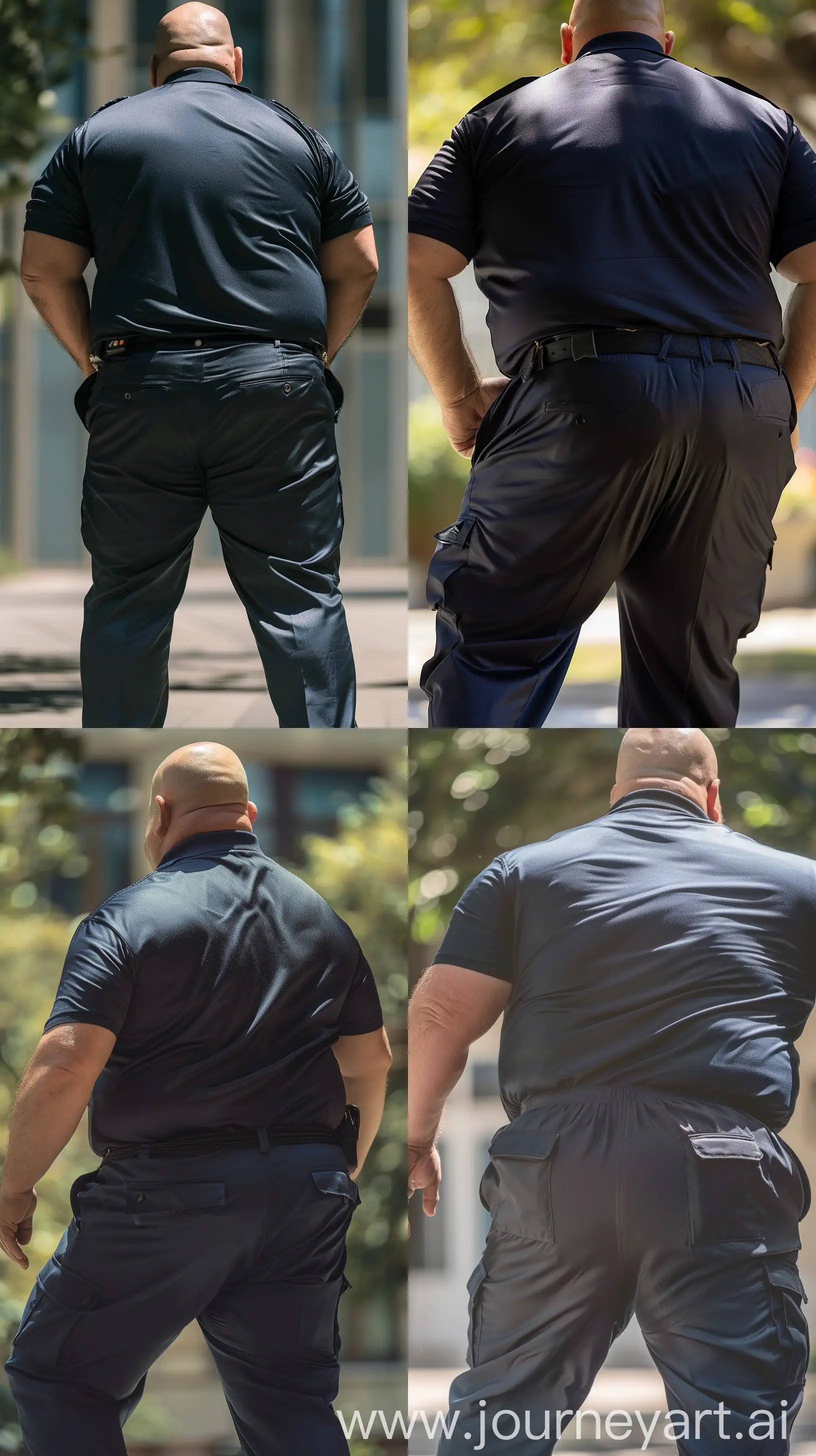 Close-up back view photo of a very fat man aged 60 wearing a silk navy security guard slim-fitted battle pants and a tucked in silk navy polo sport shirt. Standing with legs straight and the upper body bending forward. Outside. Bald. Clean Shaven. Natural light. --style raw --ar 9:16