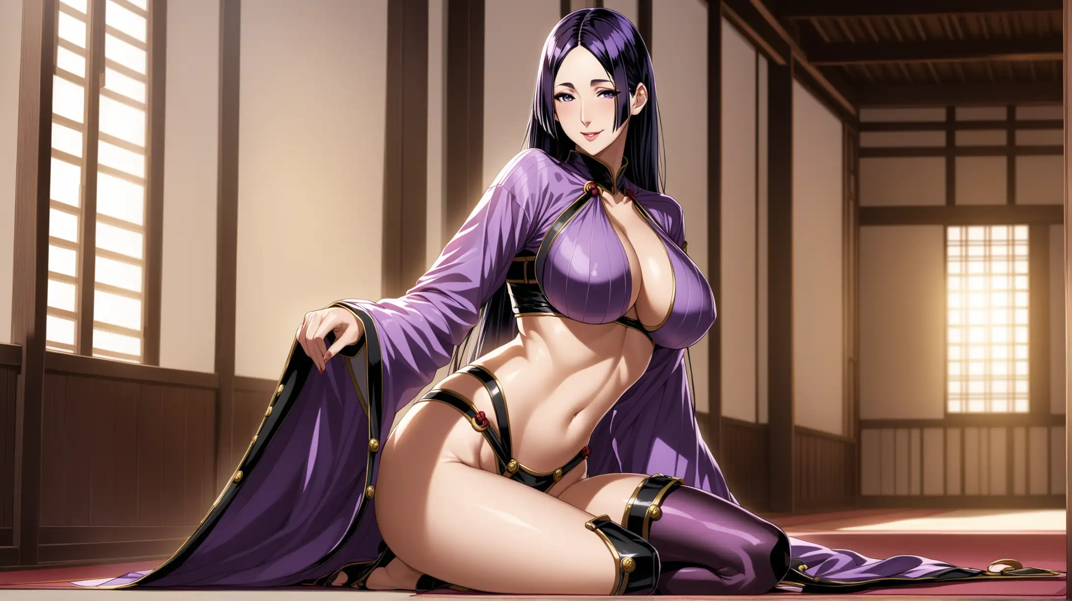 Draw the character Minamoto no Raikou, high quality, natural lighting, long shot, indoors, in a seductive pose, wearing an edgy fashion outfit, smiling at the viewer