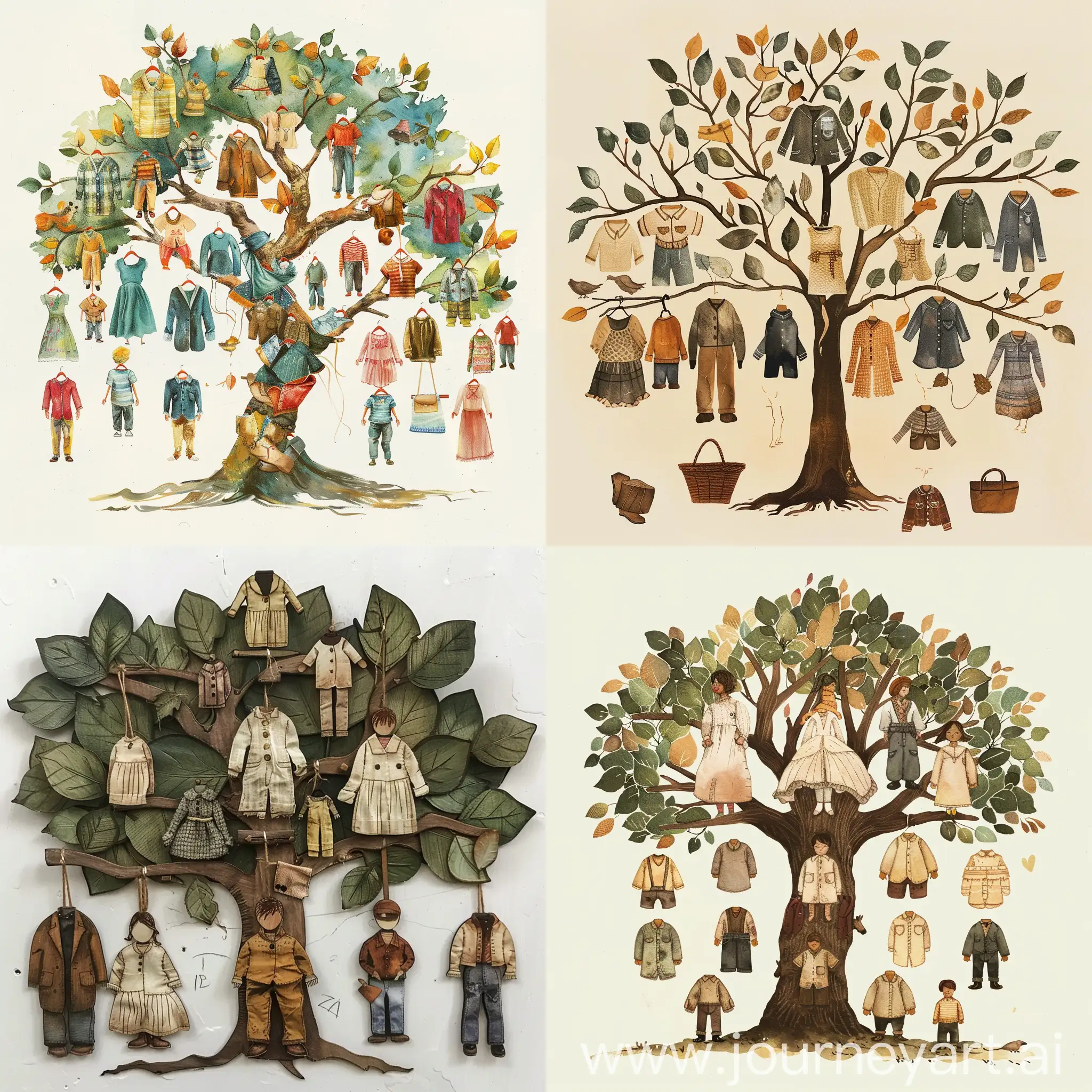 I want a small family tree with worn clothes to teach jobs and family members for A1 adult learners