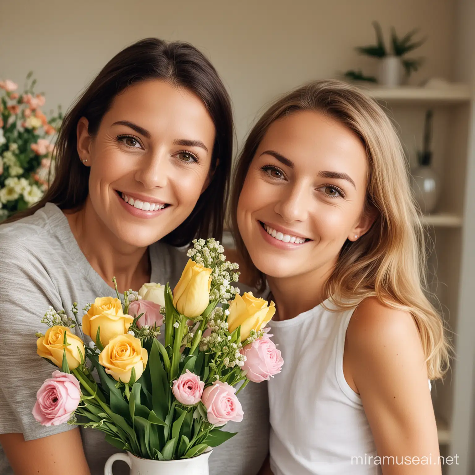 an image of a mother and daughter smiling with a vase of flowers in the background 