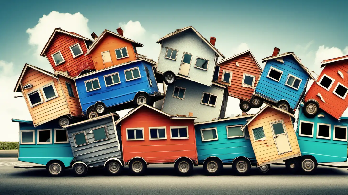 a picture of a bunch of houses on wheels crashing into each other