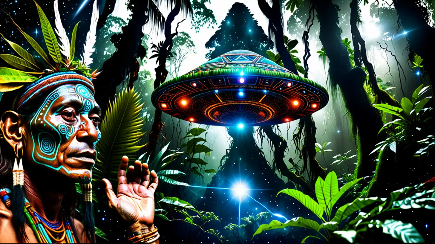 Shaman Conducting Ayahuasca Ritual Encounter with Extraterrestrial in Deep Space Jungle
