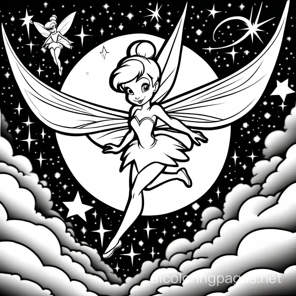 Tinker Bell flying through the night sky, leaving a trail of shimmering pixie dust., Coloring Page, black and white, line art, white background, Simplicity, Ample White Space. The background of the coloring page is plain white to make it easy for young children to color within the lines. The outlines of all the subjects are easy to distinguish, making it simple for kids to color without too much difficulty