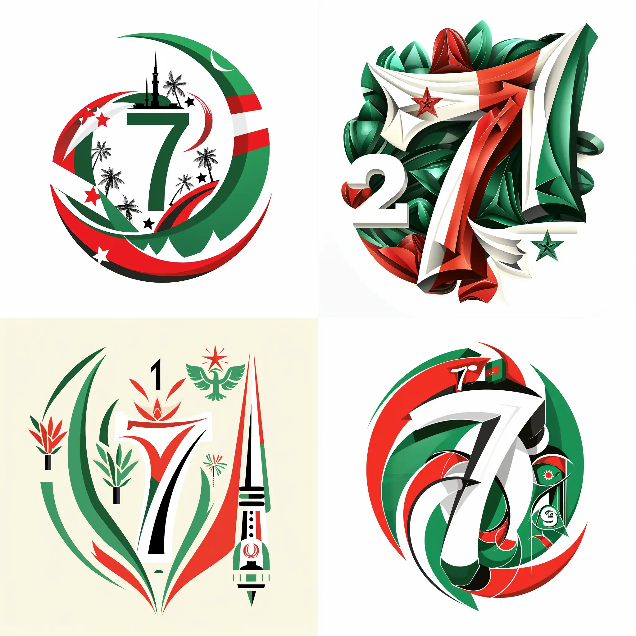 Make me a special vector logo for the seventieth anniversary of the glorious Liberation Revolution Day, November 1, 1954, Algeria, so that the logo includes the number seventy and symbols of the struggle, and it is in the colors white, red, and green 