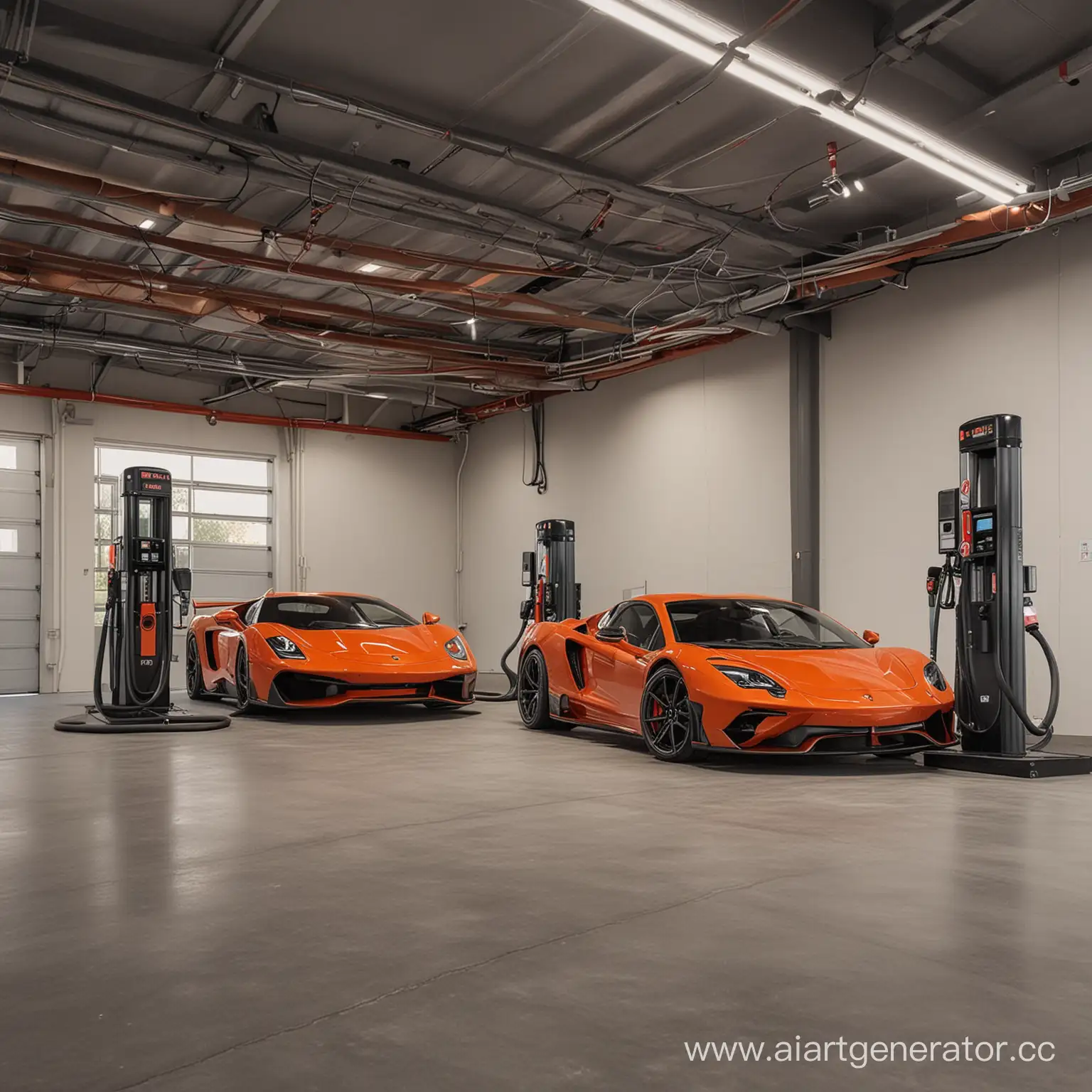 an expensive gas pump in a garage with supercars
