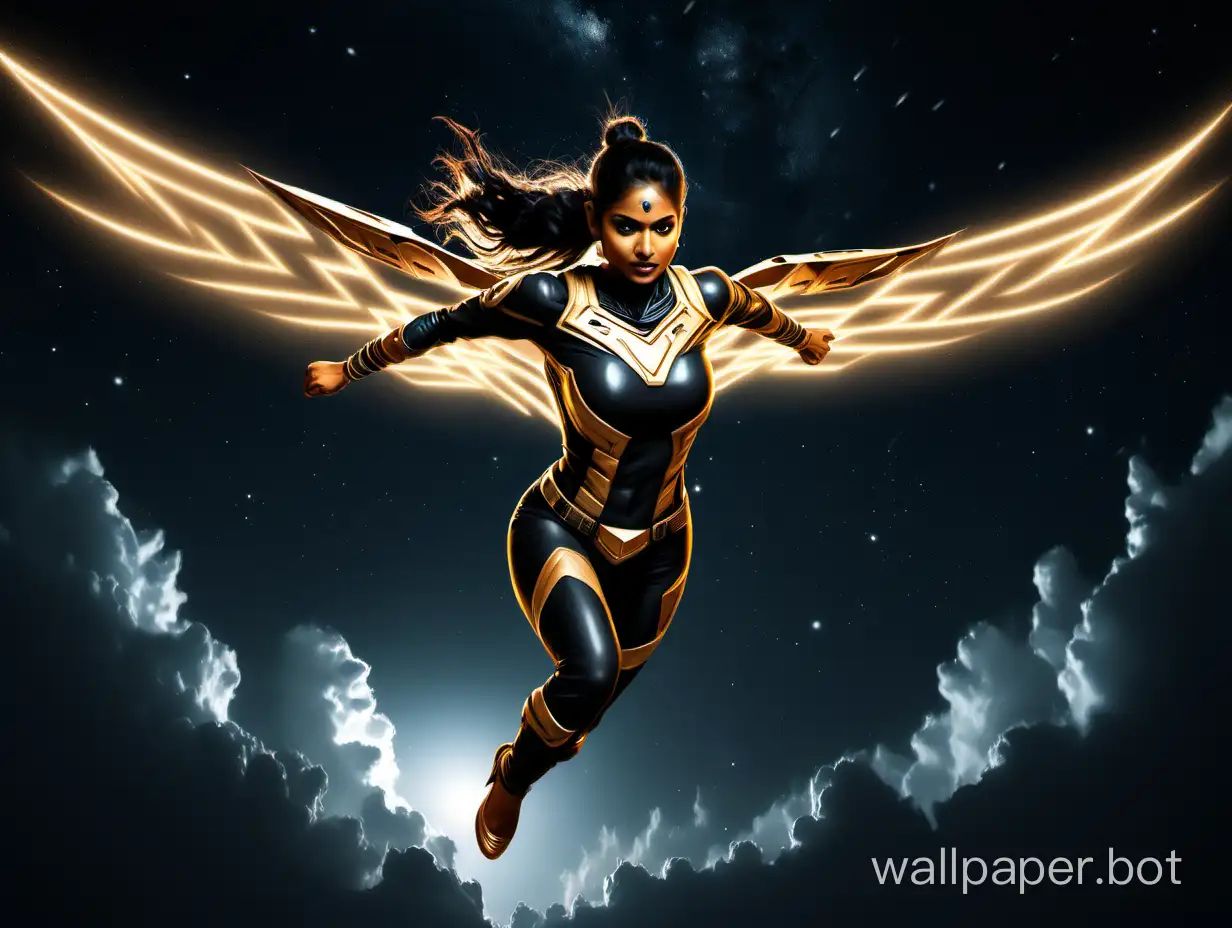 Super human Indian female, Golden Black fit Suit, Flying on Black Quinjet at night sky with thunders