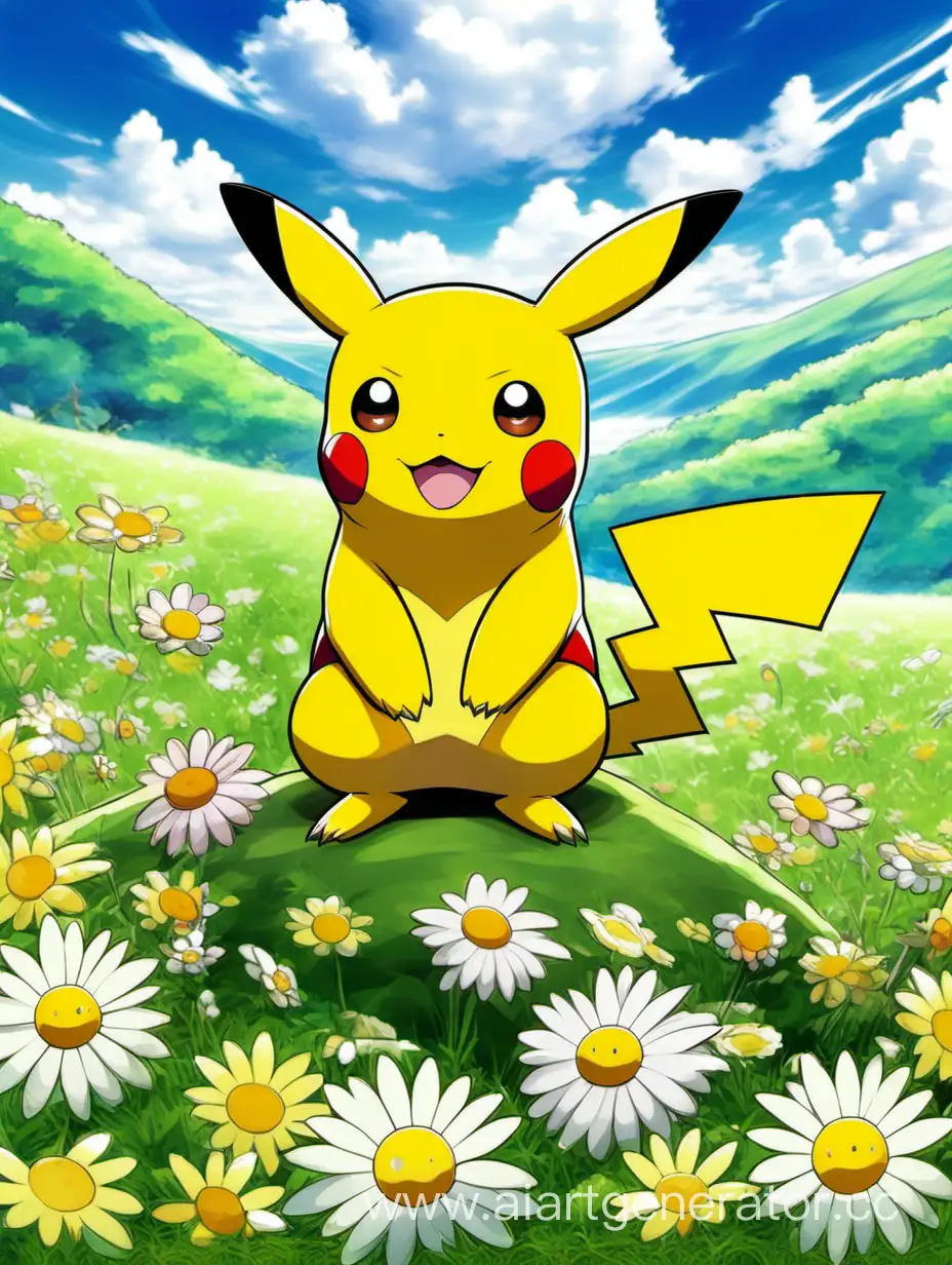 Pokemon Pikachu is sitting with daisies on a green flower hill
