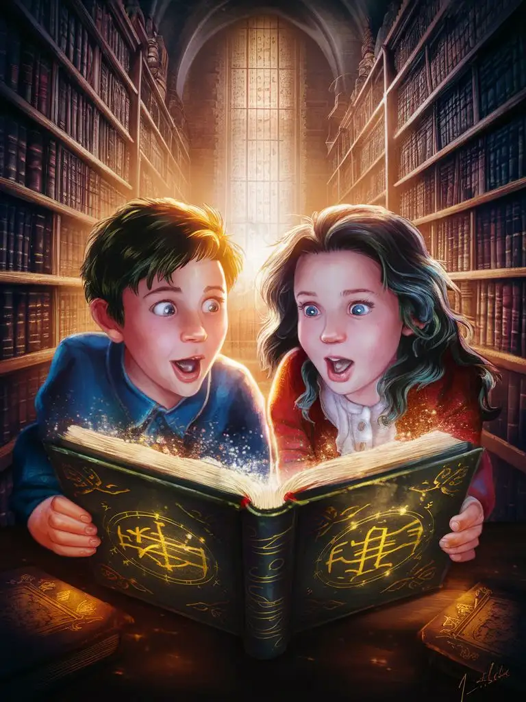 boy and girl with surprised faces looking at magic book in big library