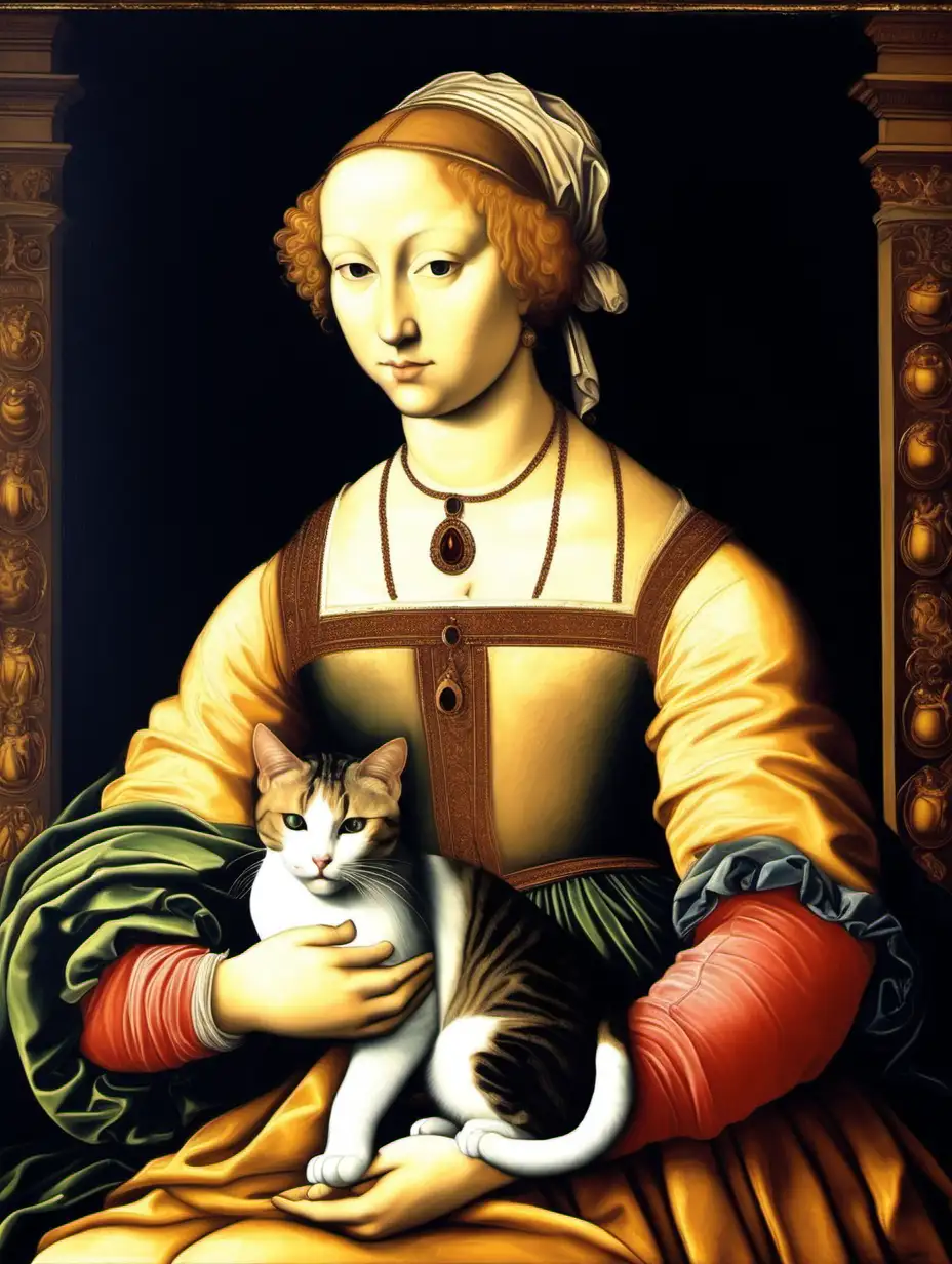 place this cat in a woman's lap. She is petting this cat. In a Renaissance painting 