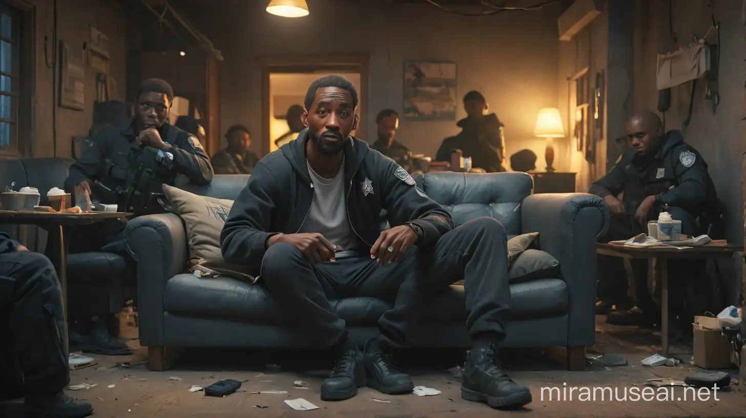 create an image of a very poor African -American  man  living in the ghetto in Compton California sitting on a couch  in the trap crack  house surrounded by swat police readyt to raid the trap house.
 illumination, Disney- Pixar style illustration 3-D Animation, 4k