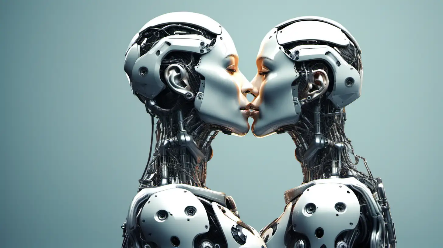 2 human robots kissing each other