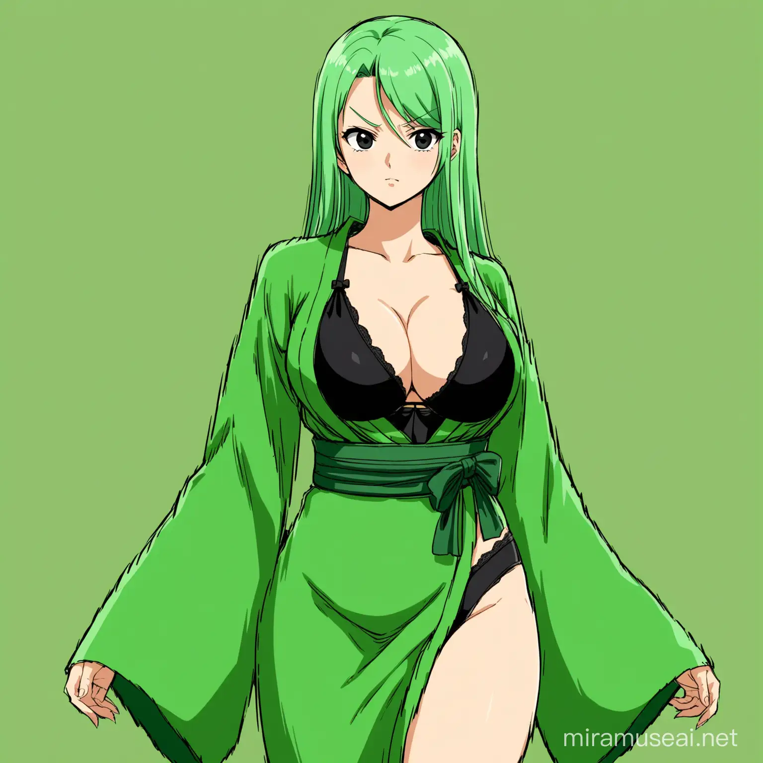 Roronoa Zoro (from One Piece) as female. Anime style animated, proper and welly illustrated, green long hair, black eyes, big boobs, black bra inside a green feminine kimono.