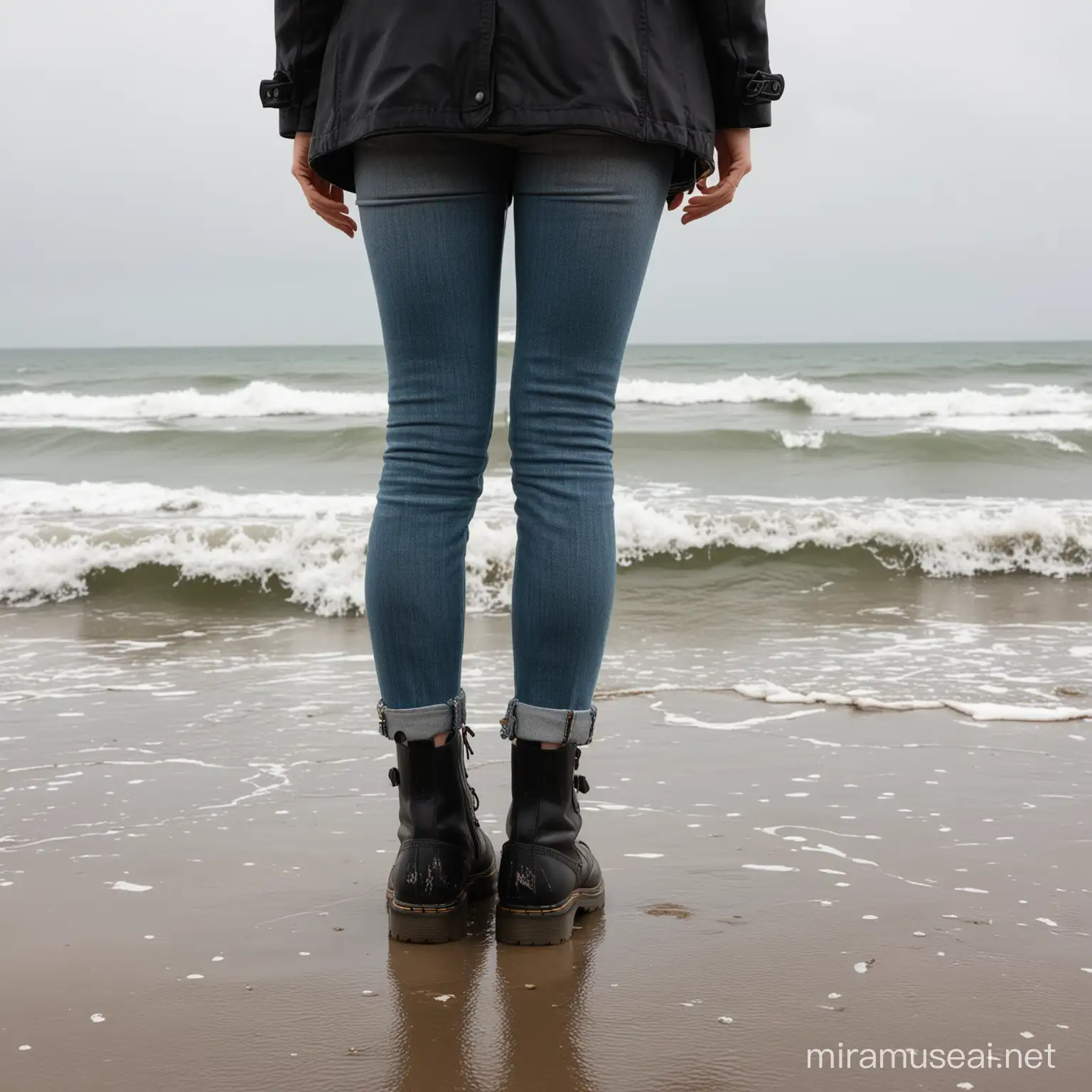 Woman staring out into ocean from beach wearing doc Martin boots,black oea coat, and ripped jeans full body view from behind