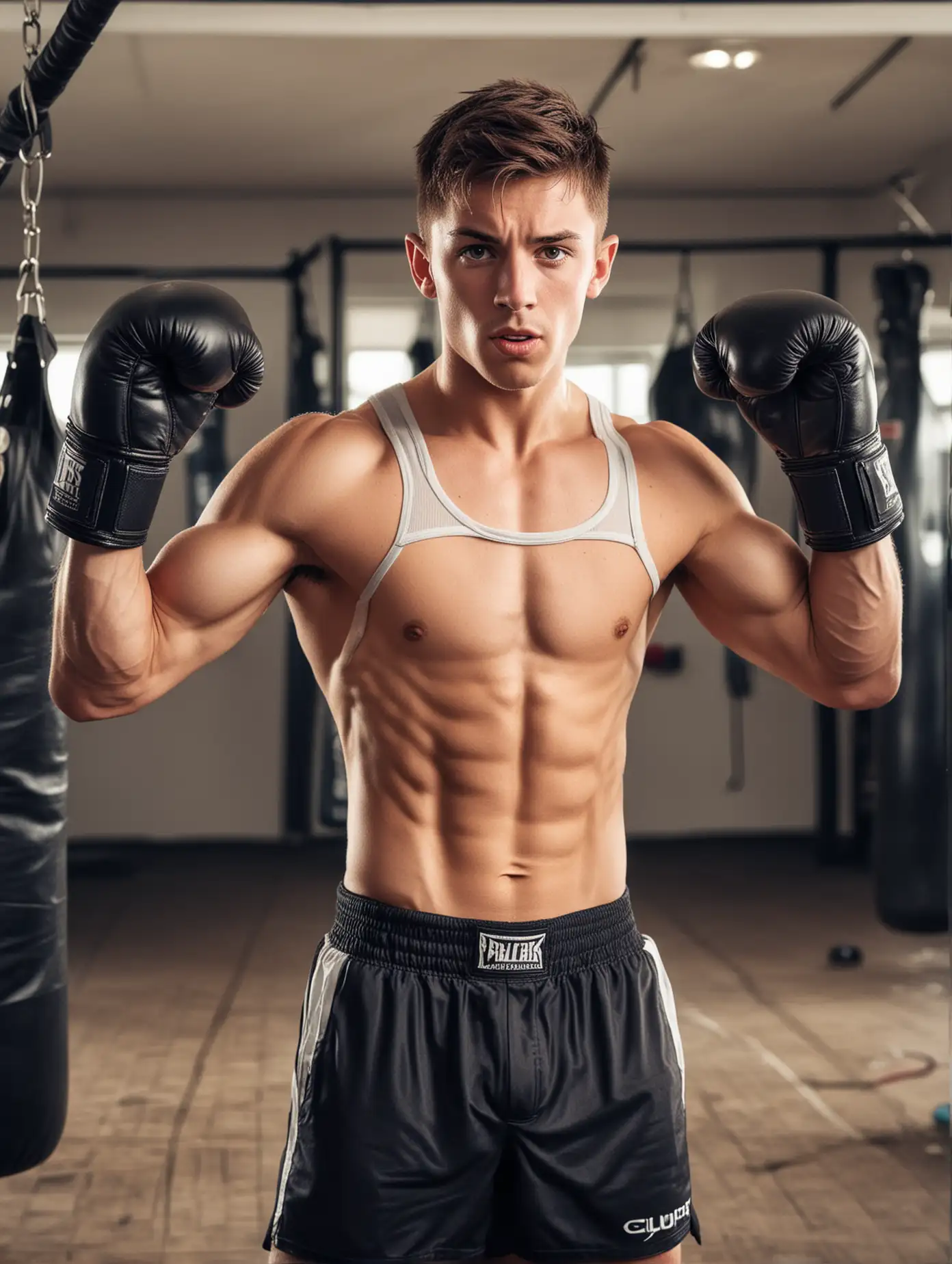 Handsome boy, British, in the gym, looking fit, wearing a tank top, sexy figure, arms raised fighting action, wearing boxing gloves, offensive action, perfect muscles, facing the camera, professional photography, full body shot