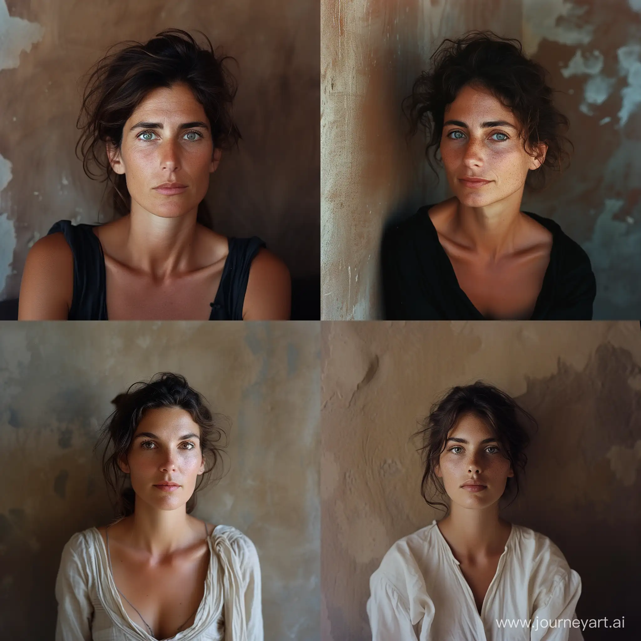 photographic portrait of a 40 years old, Italian woman, in front of a brownish wall; peaceful and relaxed expression; almond eyes, eye contact; summer gentle light. Shot with Kodak Portra 160::2 ; in the style of Peter Lindbergh::2