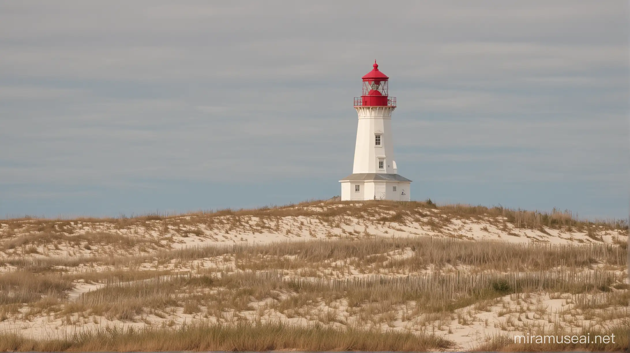 distant view of tall nova scotia round shabby white lighthouse with red top
 with sandy dunes in background, non hezagonal