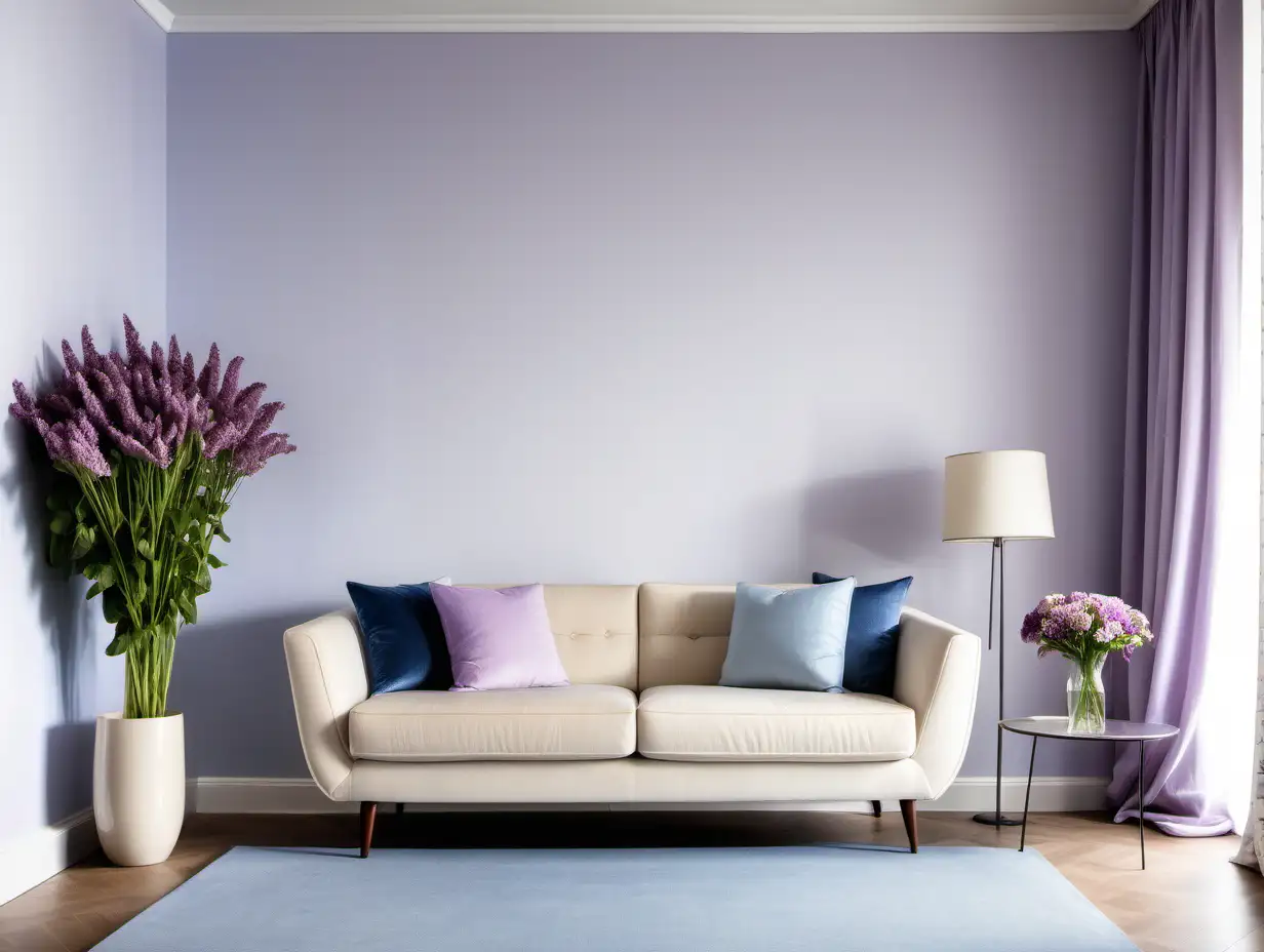 Commercial Photography, mordenist style livingroom interior with white wall, flower and cream sofa, light purple and a little bit blue curtain