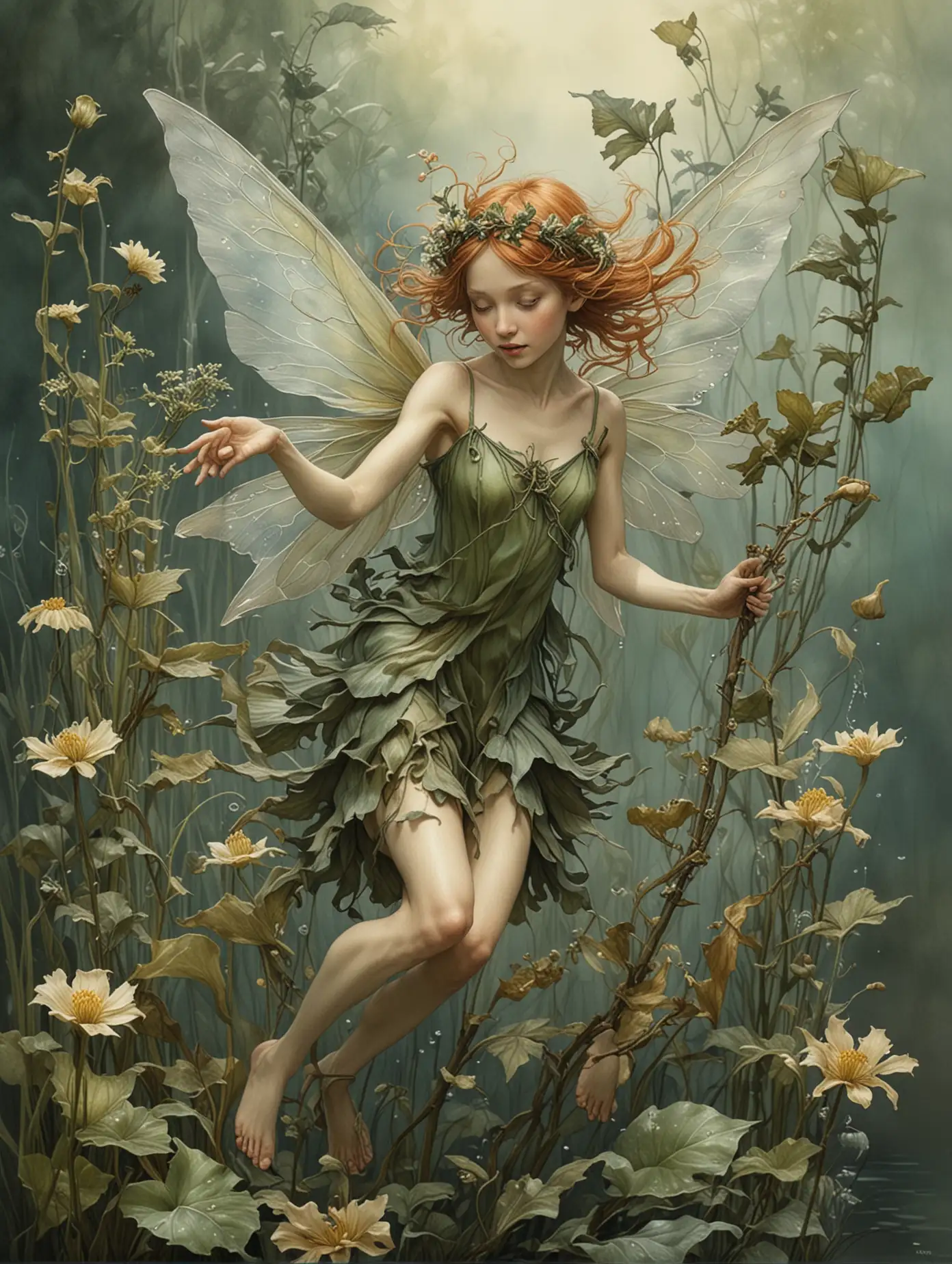 Cicely Mary Barker's Flower Fairies in the artistic style of Brian Froud. Hyper-realistic, extremely detailed. Fairy of Kelp.