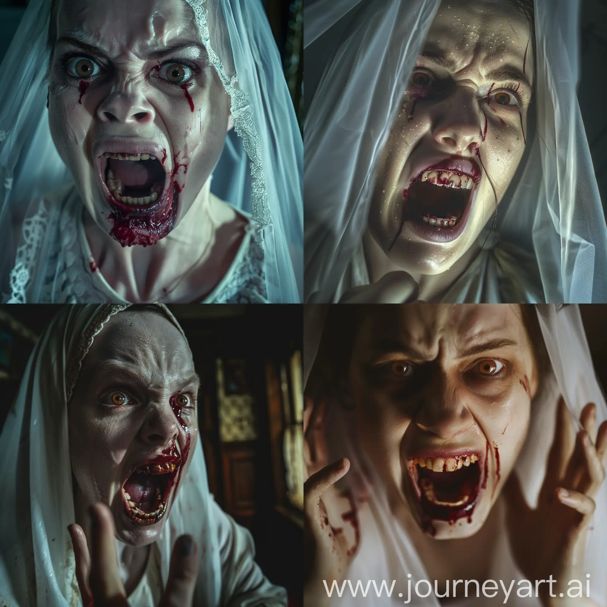 Pale skin woman with brown eyelenses, crying blood, informal teeth, shouting, white veil, at dark creepy home, cinematic lighting, realistic image, Portrait Photography, Close-Up shot