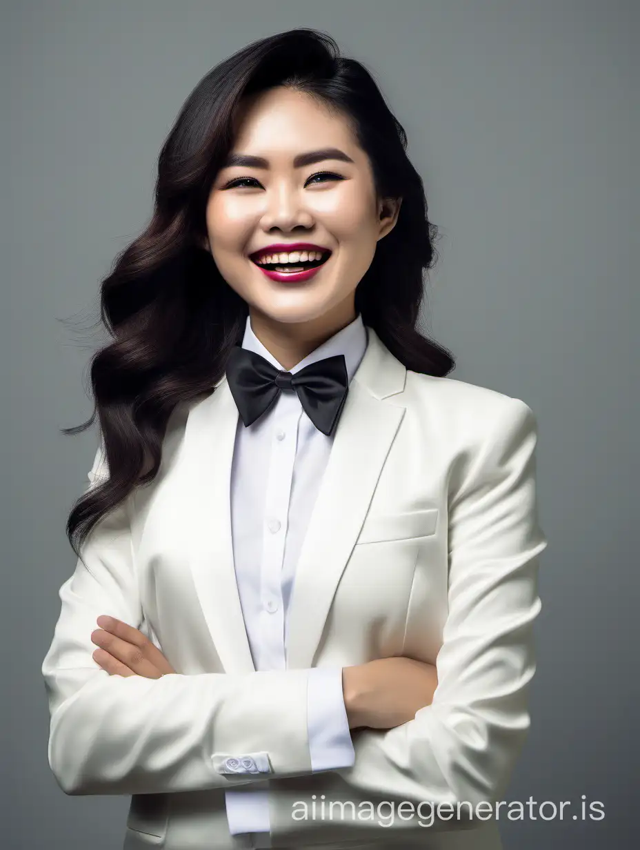 cute and sophisticated and confident vietnamese woman with shoulder length hair and lipstick wearing an ivory tuxedo with a white shirt and a black bow tie, cufflinks, crossing her arms, laughing and smiling