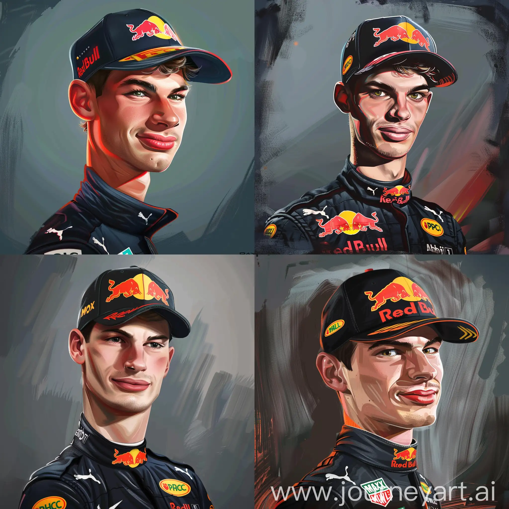 Humorous-Caricature-Portrait-of-Max-Verstappen-Racing