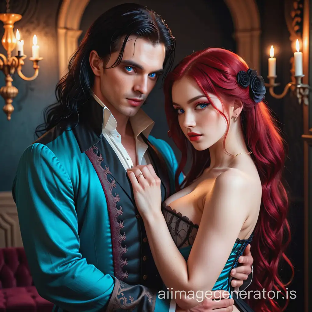 A very handsome vampire with blue eyes and black hair and a very beautiful courtesan with red hair and black eyes, sensual position, historical, in a pleasure house