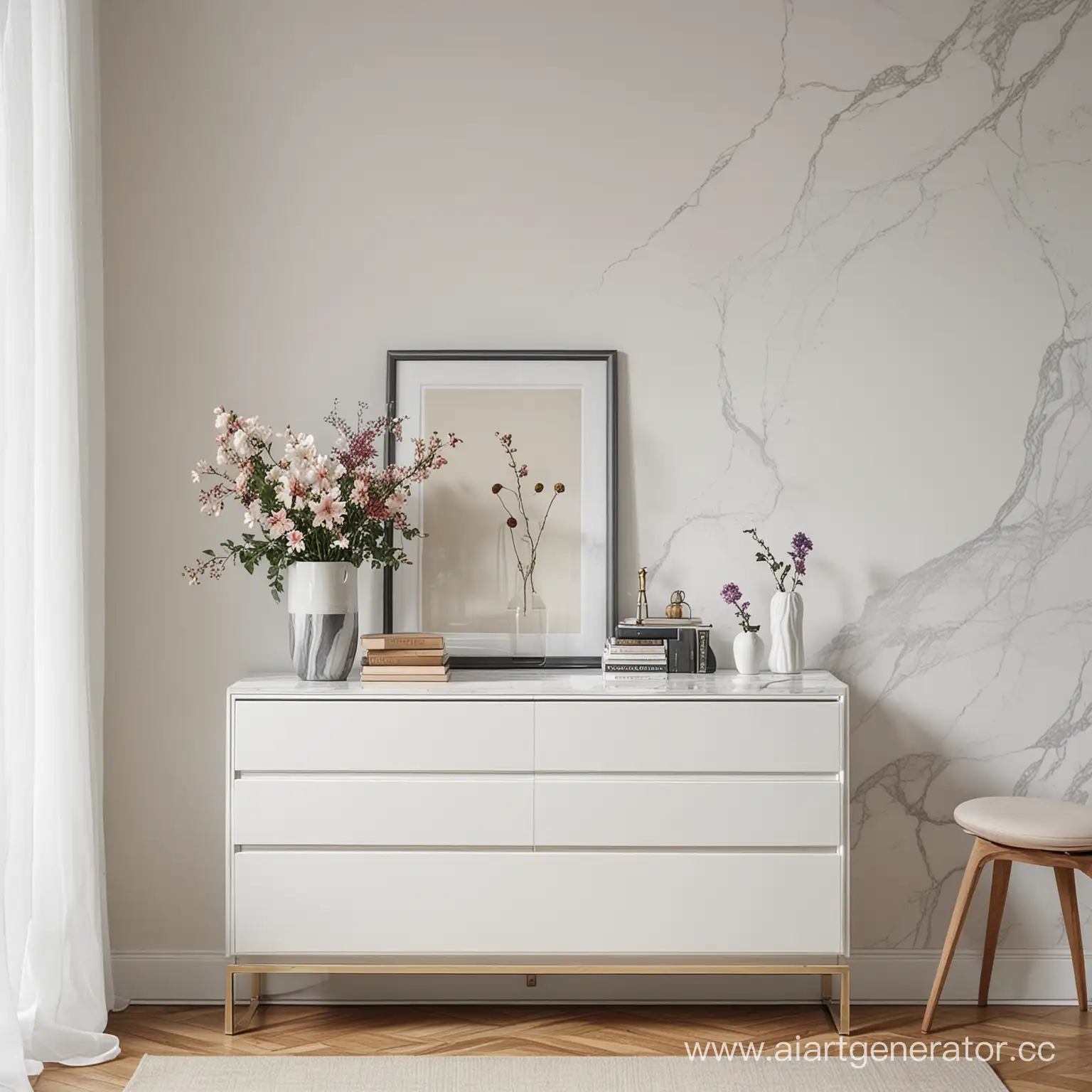 Horizontal-Frame-on-White-Chest-with-Marble-Wall-Background