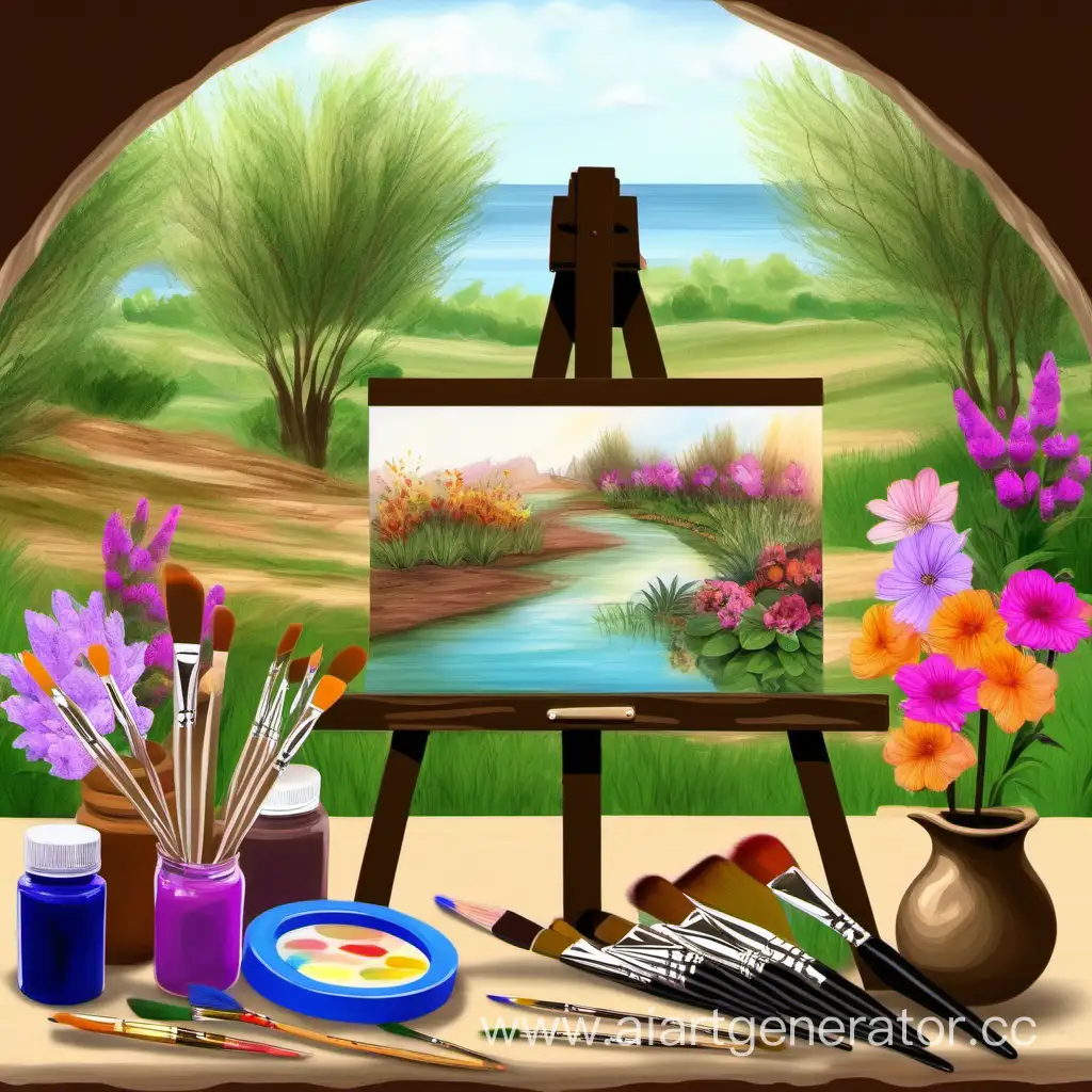 изображение красок, кистей, мольберта, глиняного кувшина рядом с оазисом, вокруг красиве цаеты, изображение в круге