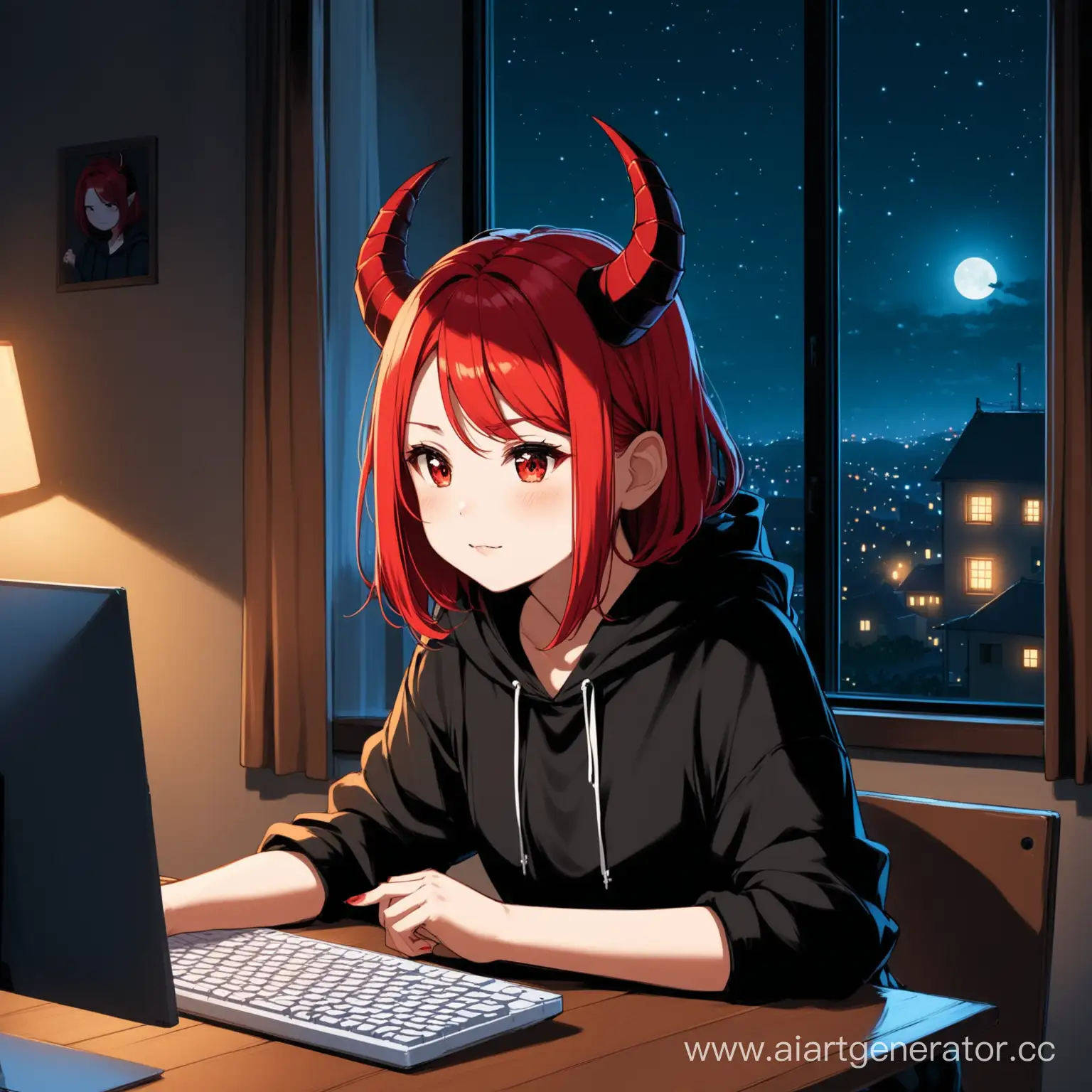 девушка с волосами до подбородка красного цвета и дьявольскими рожками  играет в компьютер, она одета в черное худи, на фоне комната ночью, на окне гирлянда