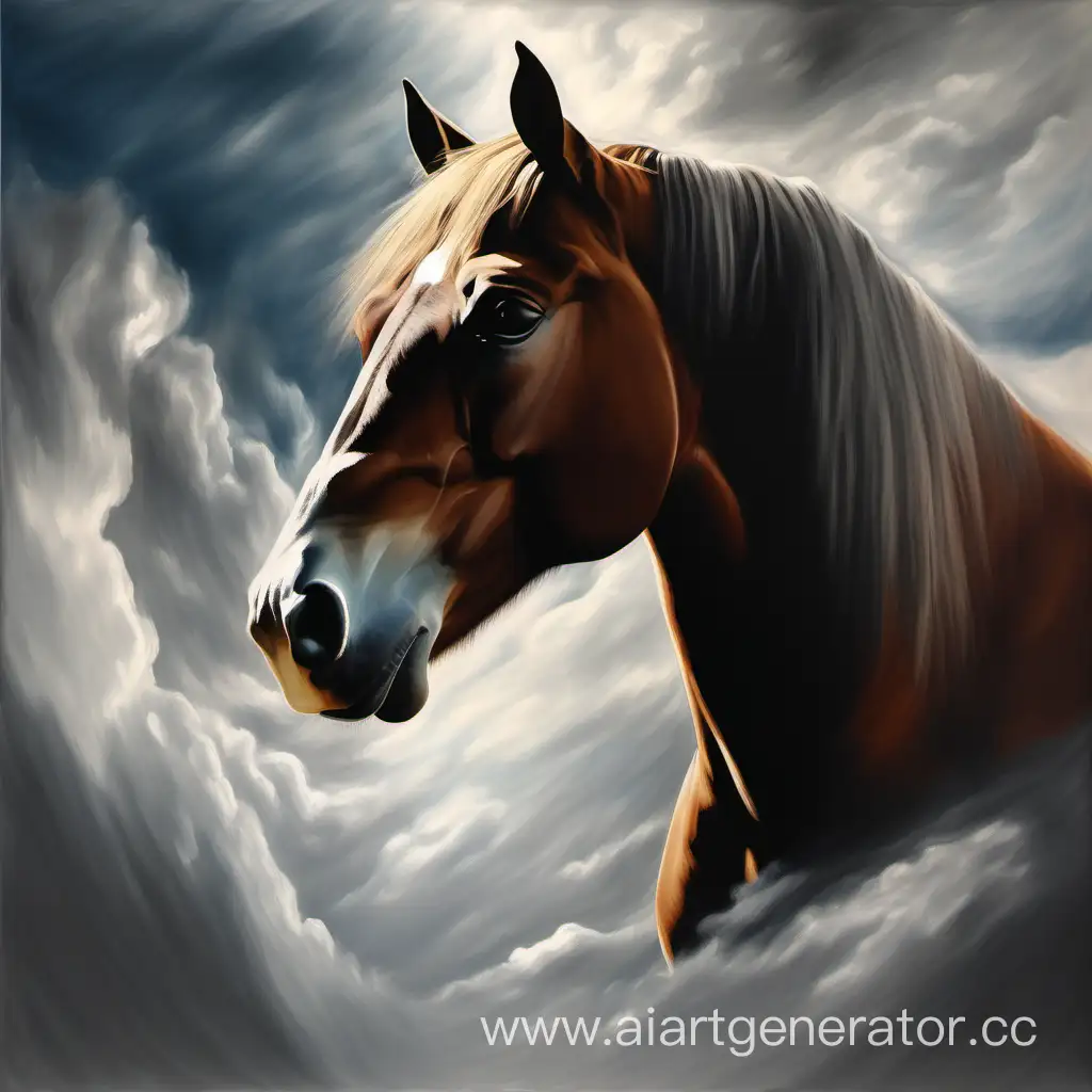 Portrait of the horse in Anfas, the horse looks sadly with a bent head, clouds in the sky, a glimpse of the sun in the clouds, face down, oil drawing, kinematographic lighting