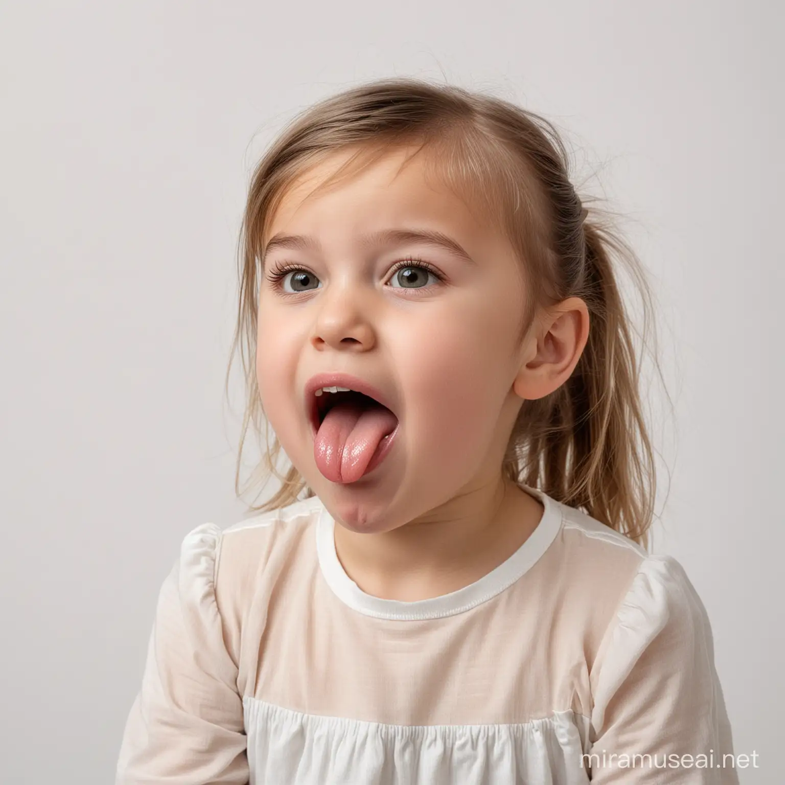 A little girl sitting and sticking her tongue out while drooling, seen in profile , white background.