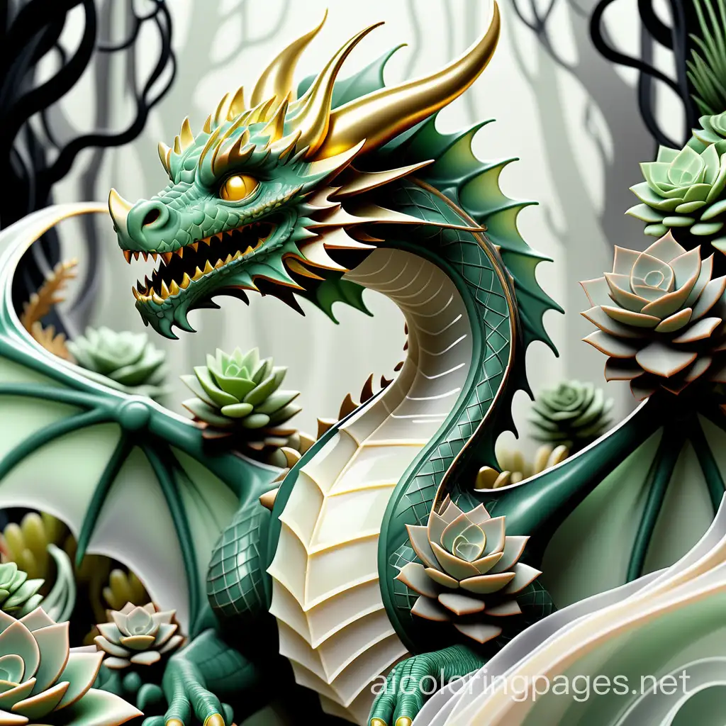 Dragon dark Green of the finest shiny organza with golden veins in a fantastic whirlwind, glare, splash, pastel tones, succulent, filigree details, light elements, fantasy, beautiful, hyperrealism, high detail, high resolution, 32k, mystical haze, background fabulous crystal forest, glitt, Coloring Page, black and white, line art, white background, Simplicity, Ample White Space. The background of the coloring page is plain white to make it easy for young children to color within the lines. The outlines of all the subjects are easy to distinguish, making it simple for kids to color without too much difficulty