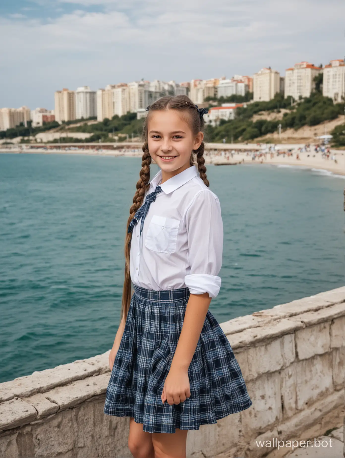 Beautiful Soviet schoolgirl 11 years old with ponytails in Crimea against the background of the sea, in full height, dynamic poses, smile, people and buildings in the background