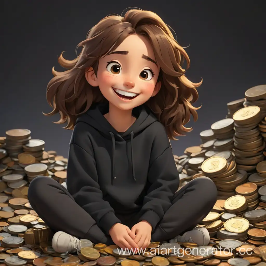 счастливая мультяшная девушка в черной толстовке сидит на горе монеток