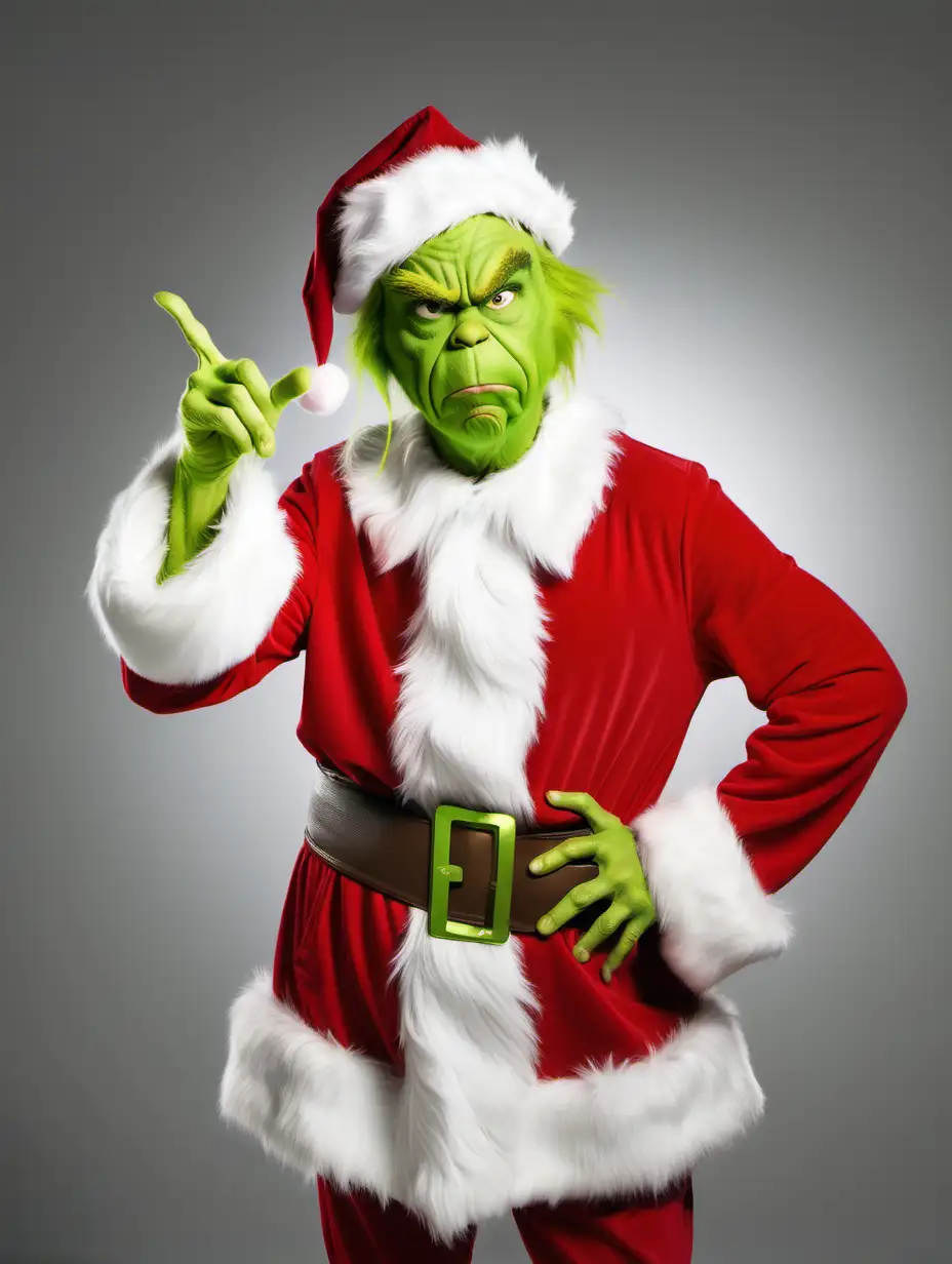 Amused Grinch in Santa Costume Points at Himself