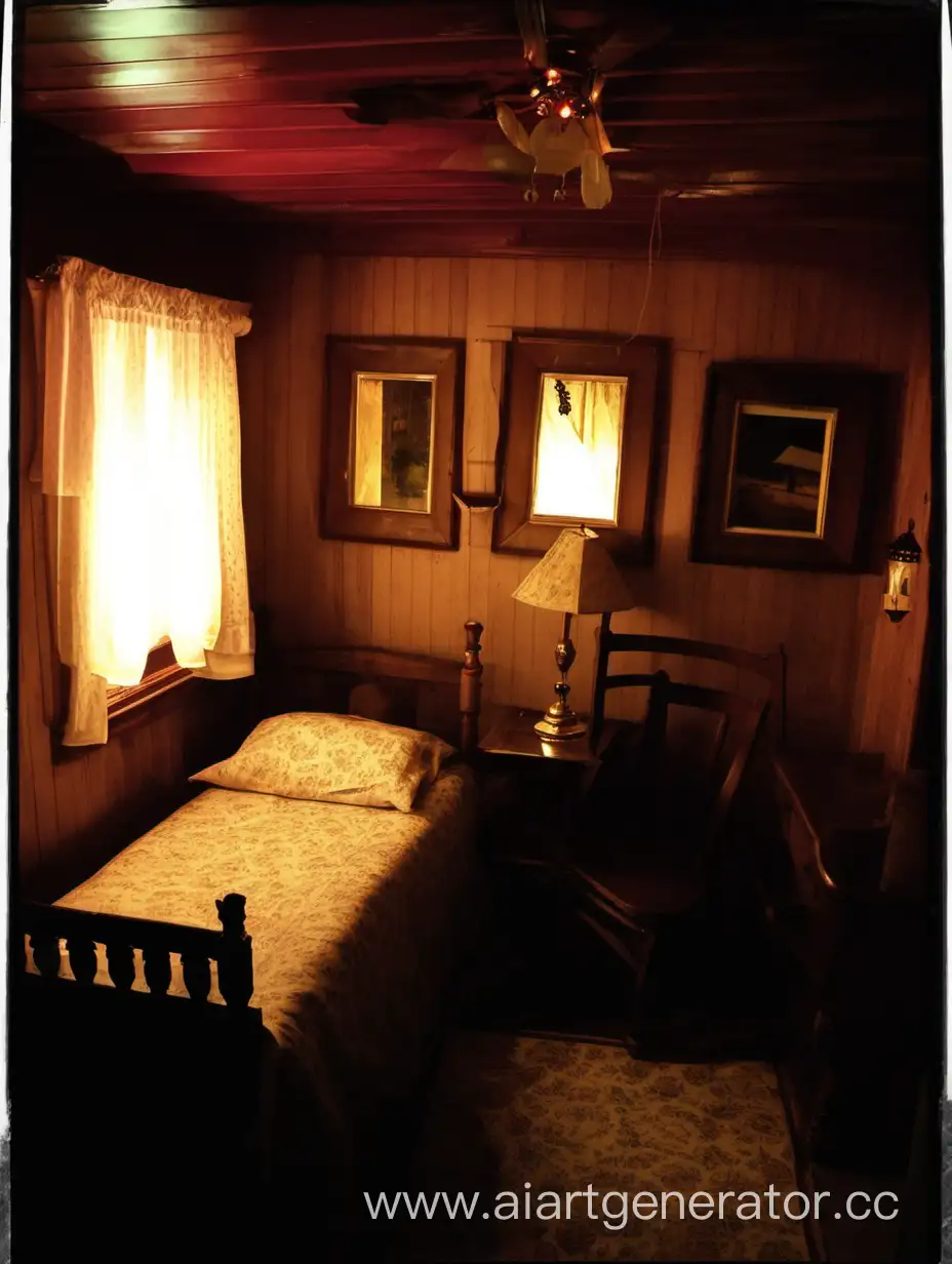 Старый дом у бабушки в деревне. В углу стоит кровать. Приятное тёплое освещение.