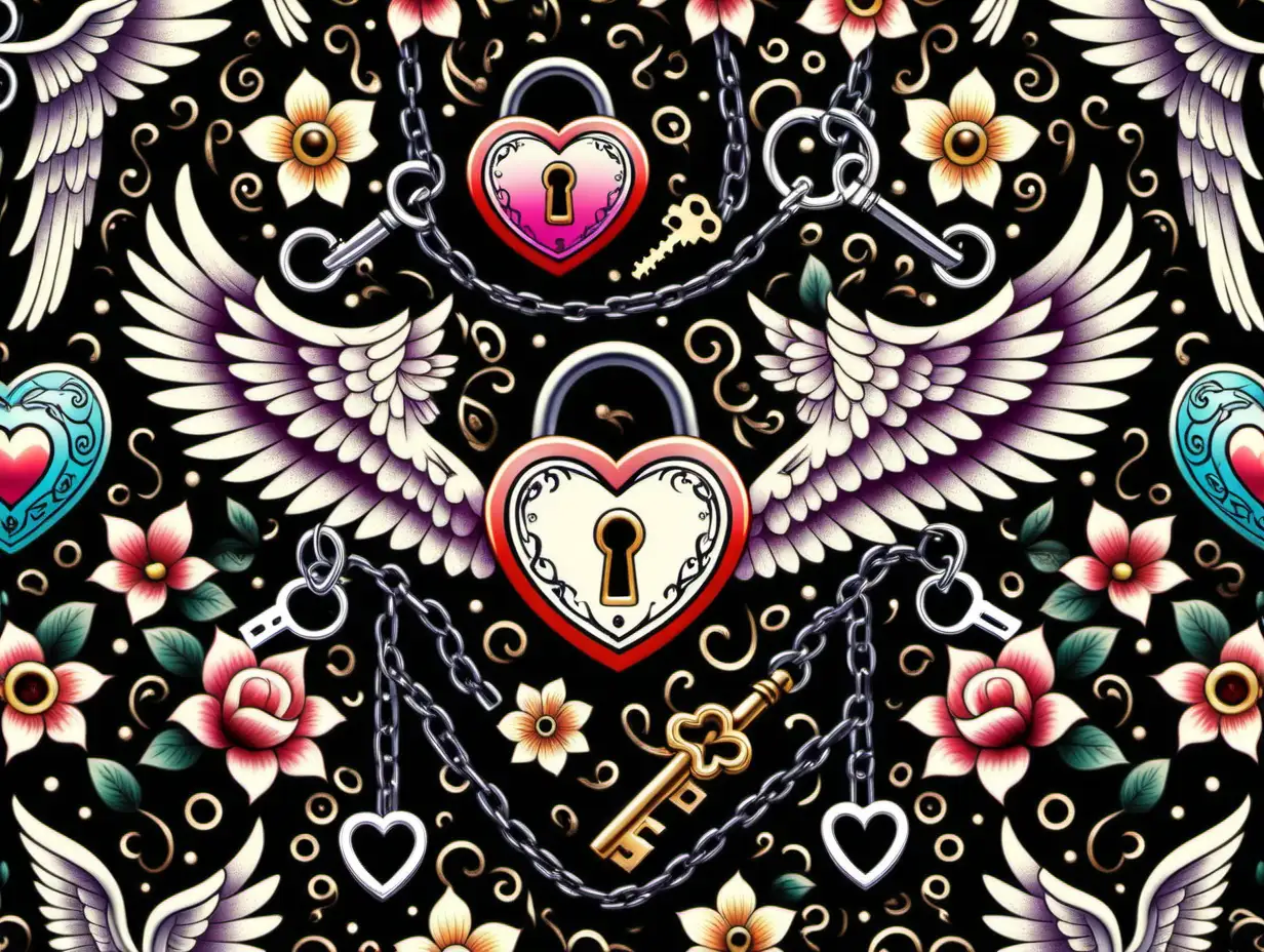 Pattern seamless, Oldschool tattoo Design, heart, wings,  angel sweet, flower, padlock, key, colorful, black backround