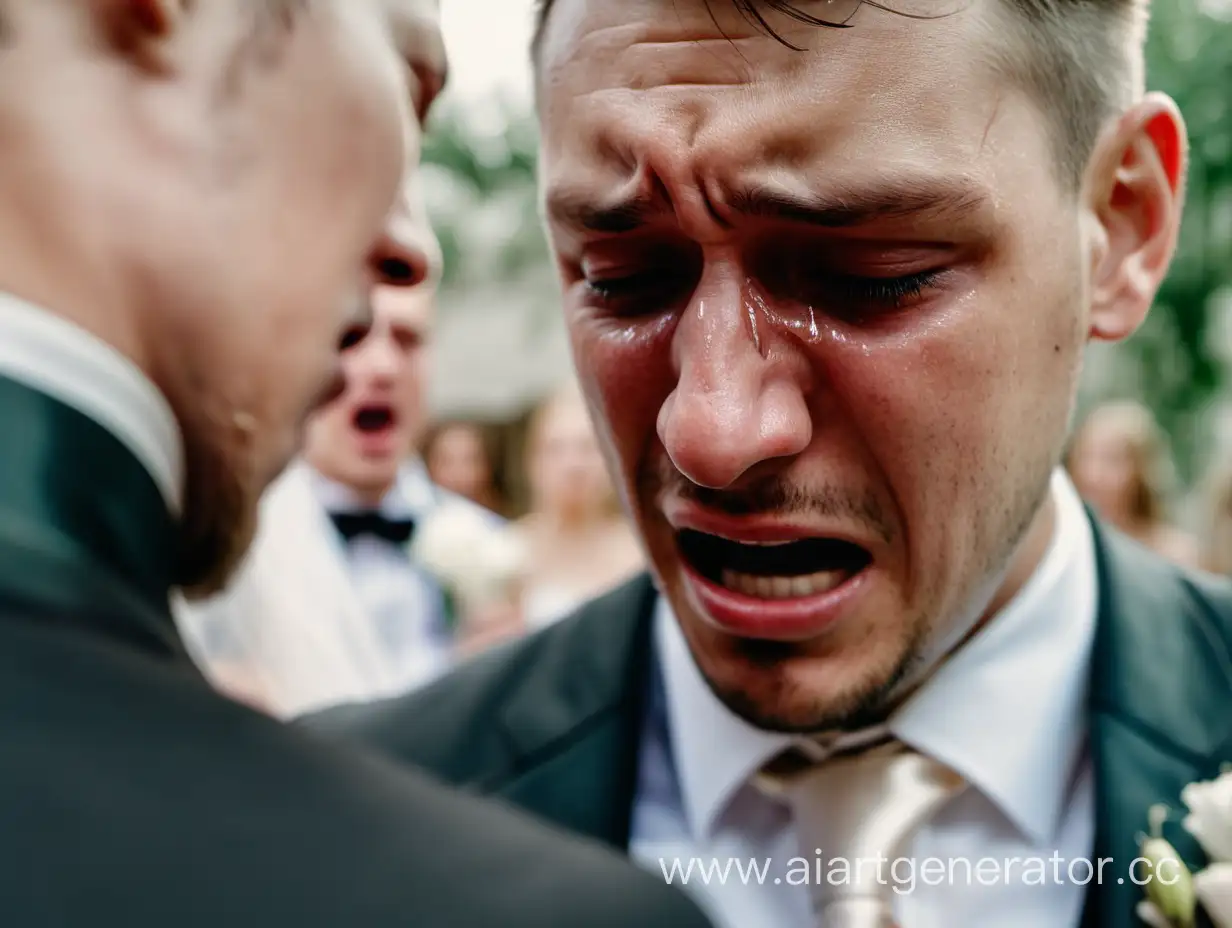 Мужчина в свадебном костюме плачет. очень крупный план. На заднем плане невеста уходит от него, размытый фон