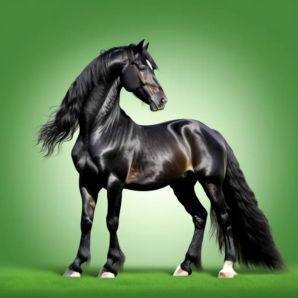 Направи картинка на фризийски кон в цял ръст на зелен фон