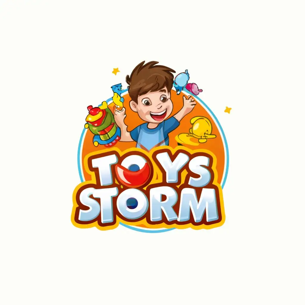logo, gay kid Play With Toys, with the text "TOYS STORM", typography