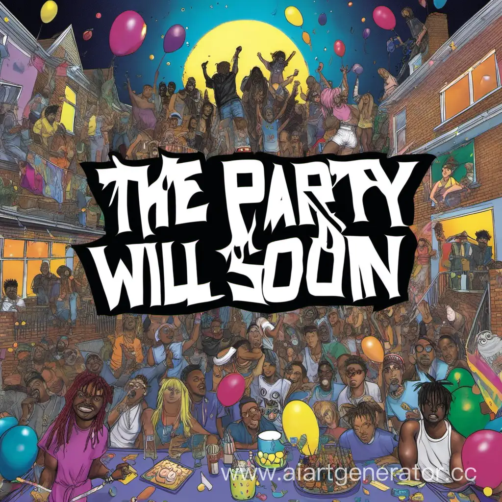 Обложка для альбома с надписью "The Party Will Be Soon" в стиле обложки альбома Juice WRLD "The Party Never Ends"