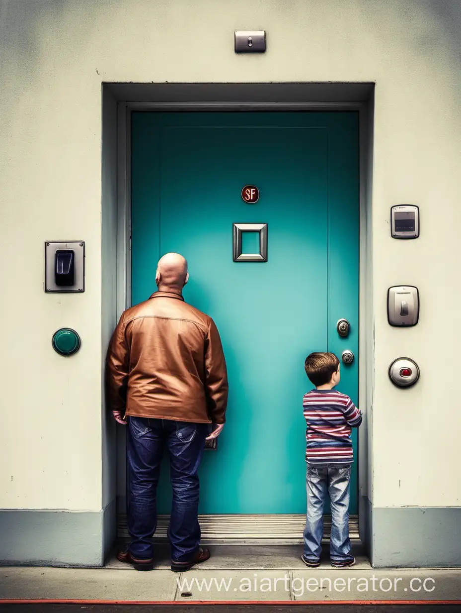 man and little boy in front of SF door with one button aside on the wall, funny image
