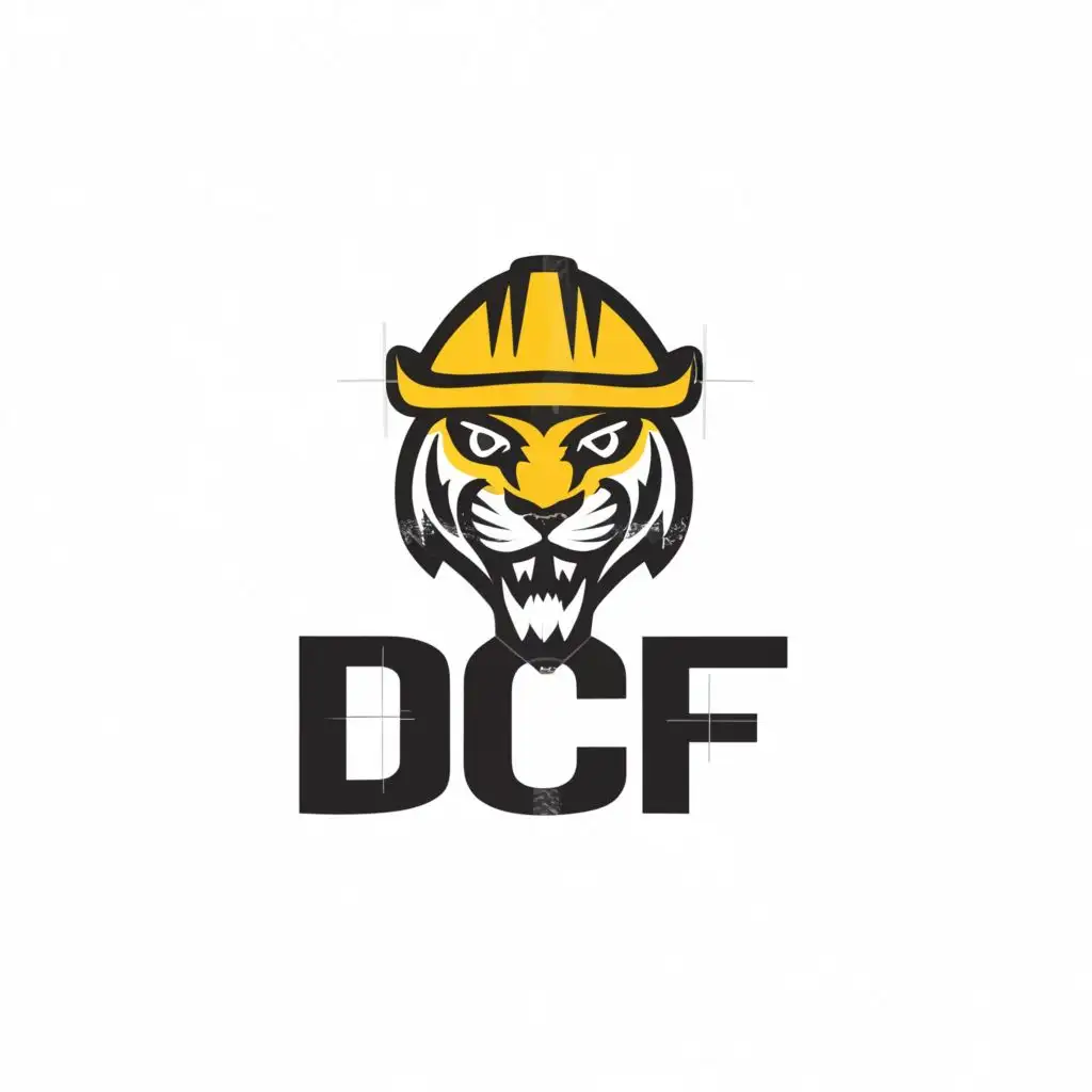 a logo design,with the text "DCF", main symbol:Yellow Hard Hat, Tiger 2D,Moderate,be used in Construction industry,clear background