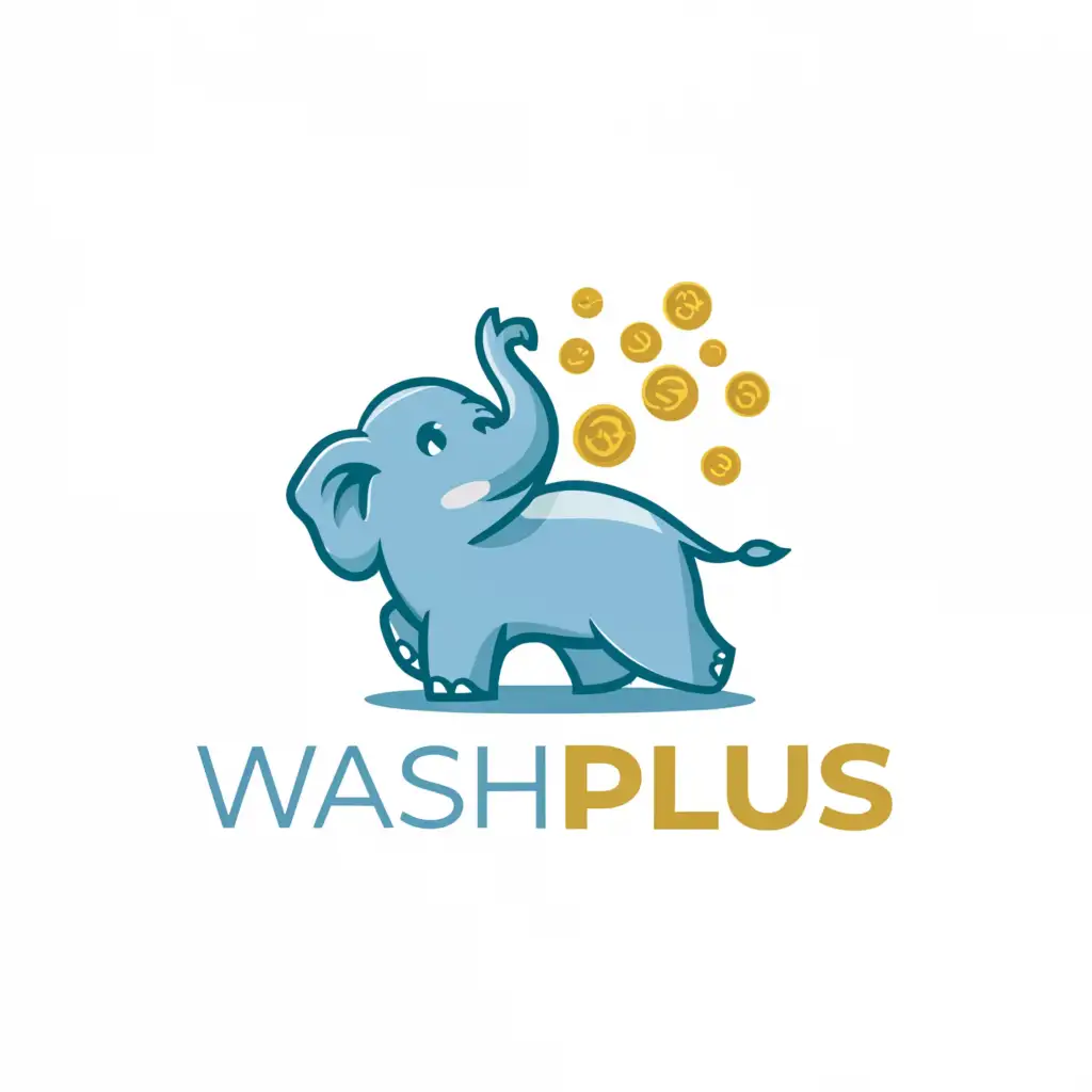 a logo design, with the text 'Washplus', main symbol: magenta Elephant baby blowing gold coins sideways, Moderate, clear background
