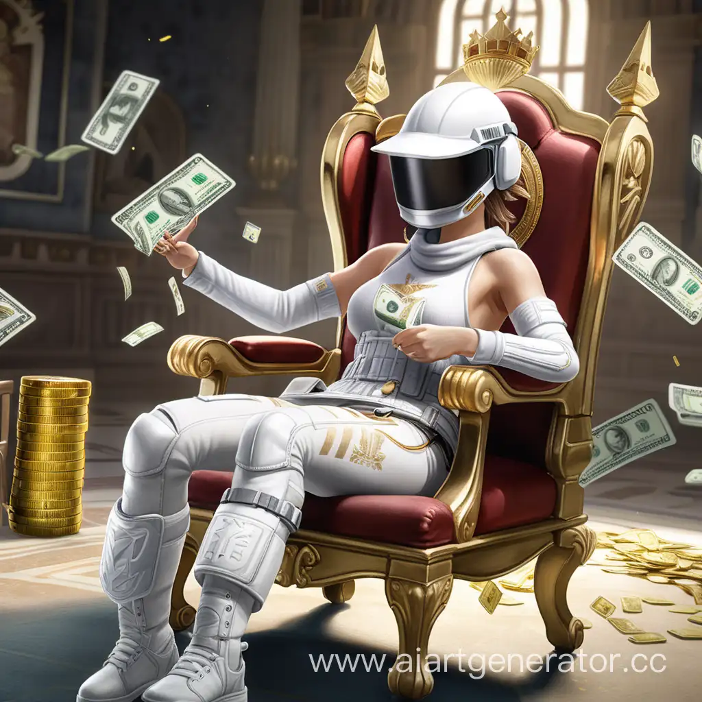 Create an image that shows a girl character from the game pubg mobile with level 3 body armor and a white angelic helmet covering her face, she sits on a chair in a royal pose with her left leg crossed over her right on the chair of the throne and A girl with a joyful expression on her face throws up money in the form of the in-game currency Unknow Cash from the game pubg mobile